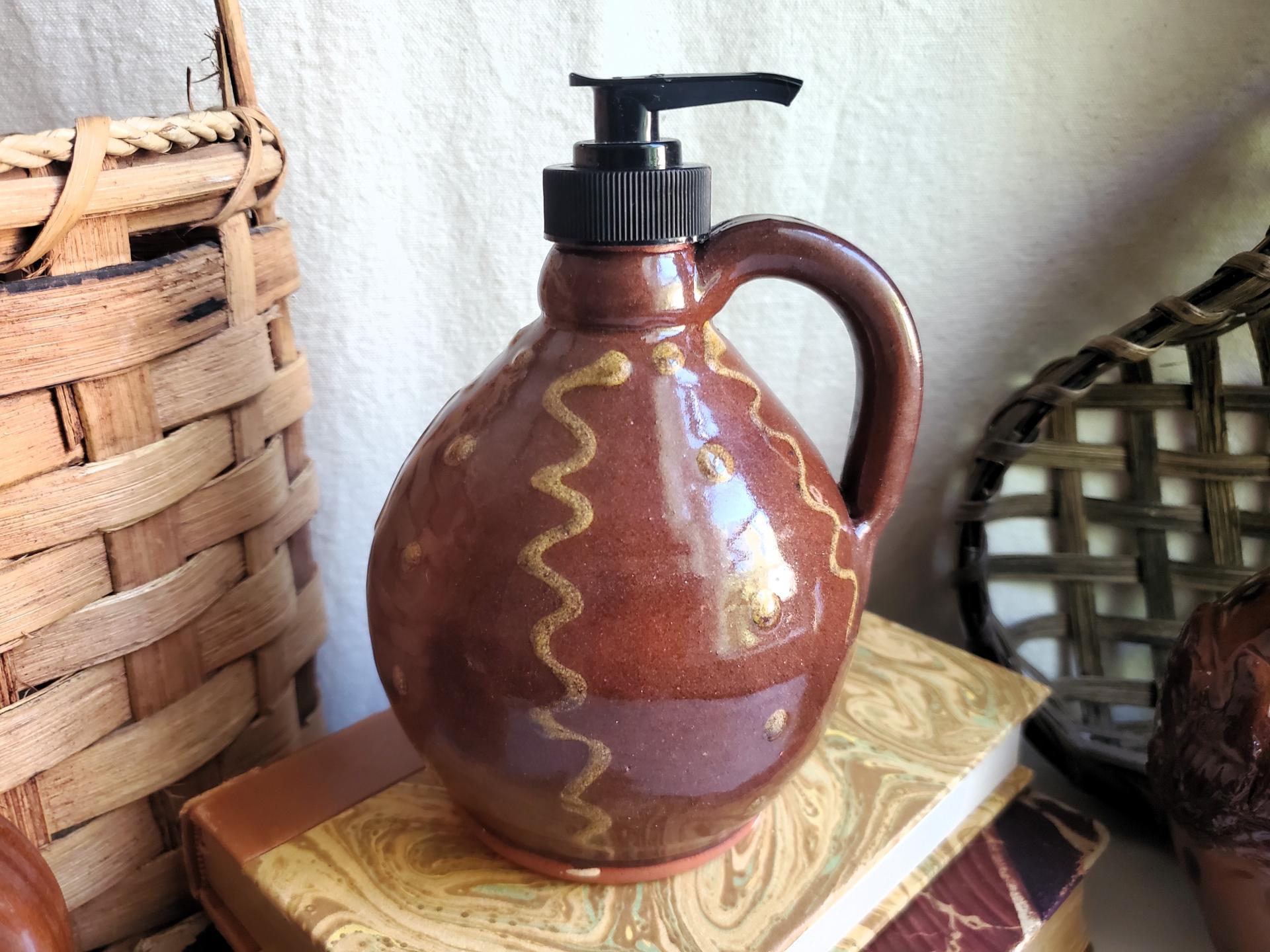 Redware Soap/Lotion Dispenser Jug with Squiggles and Dots