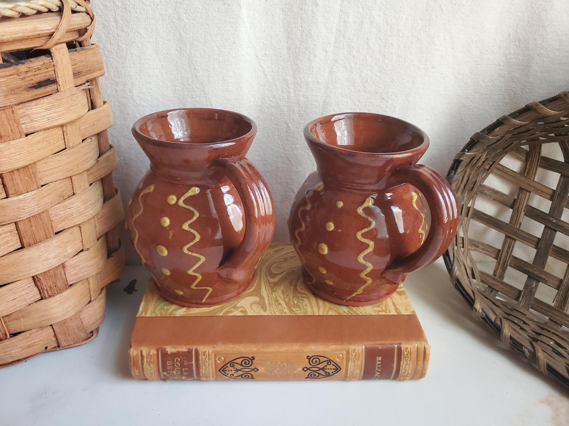 Redware Mugs (2) with Squiggles and Dots