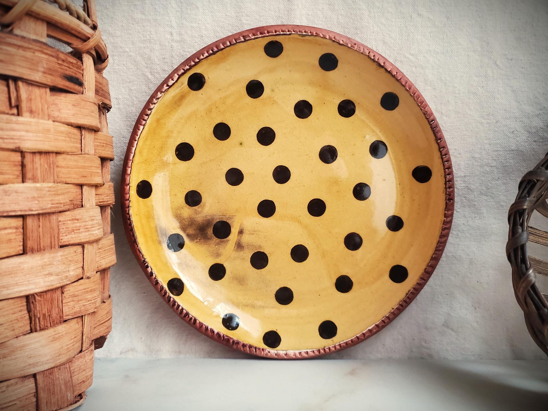 Redware 9 in. Plate with Black Dots