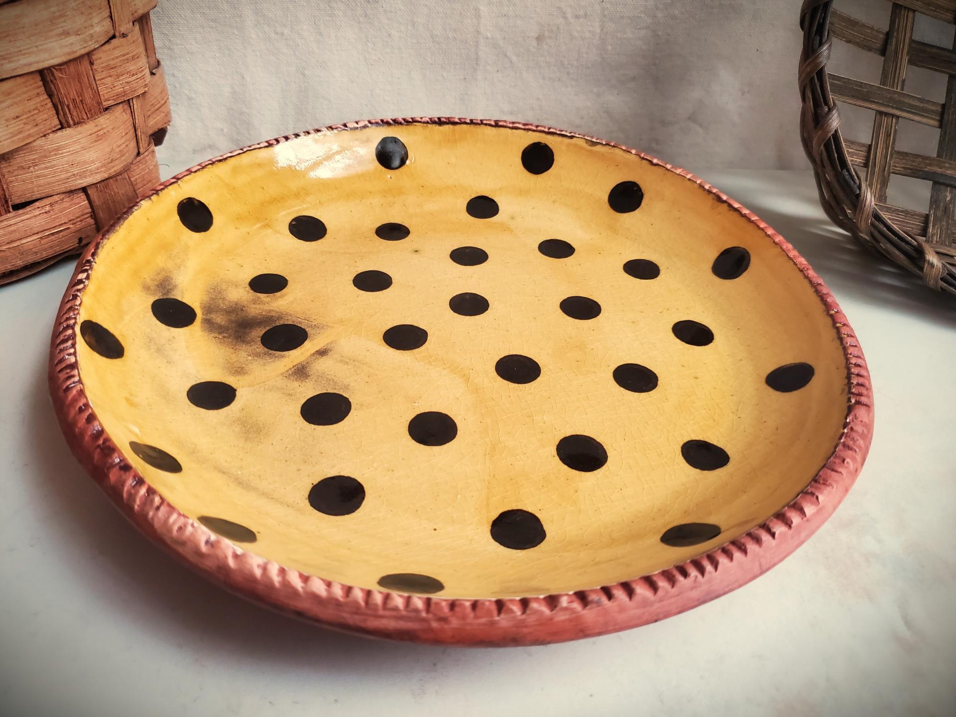 Redware 9 in. Plate with Black Dots