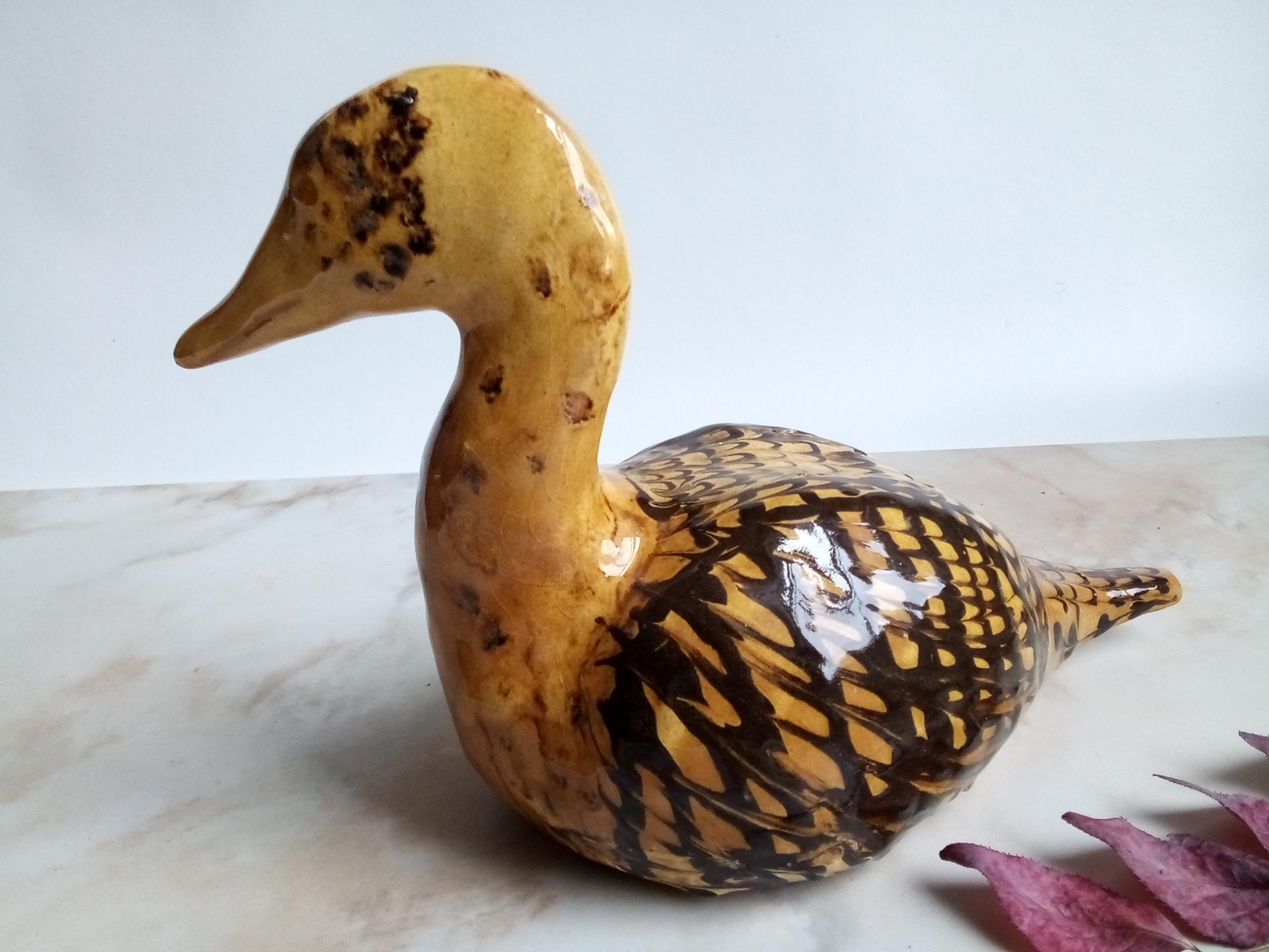 Redware Duck Bank with "Feathered" Pattern and Lead Free Glaze