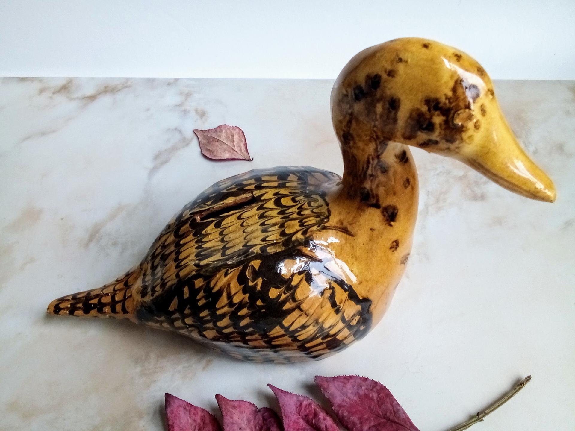 Redware Duck Bank with "Feathered" Pattern and Lead Free Glaze