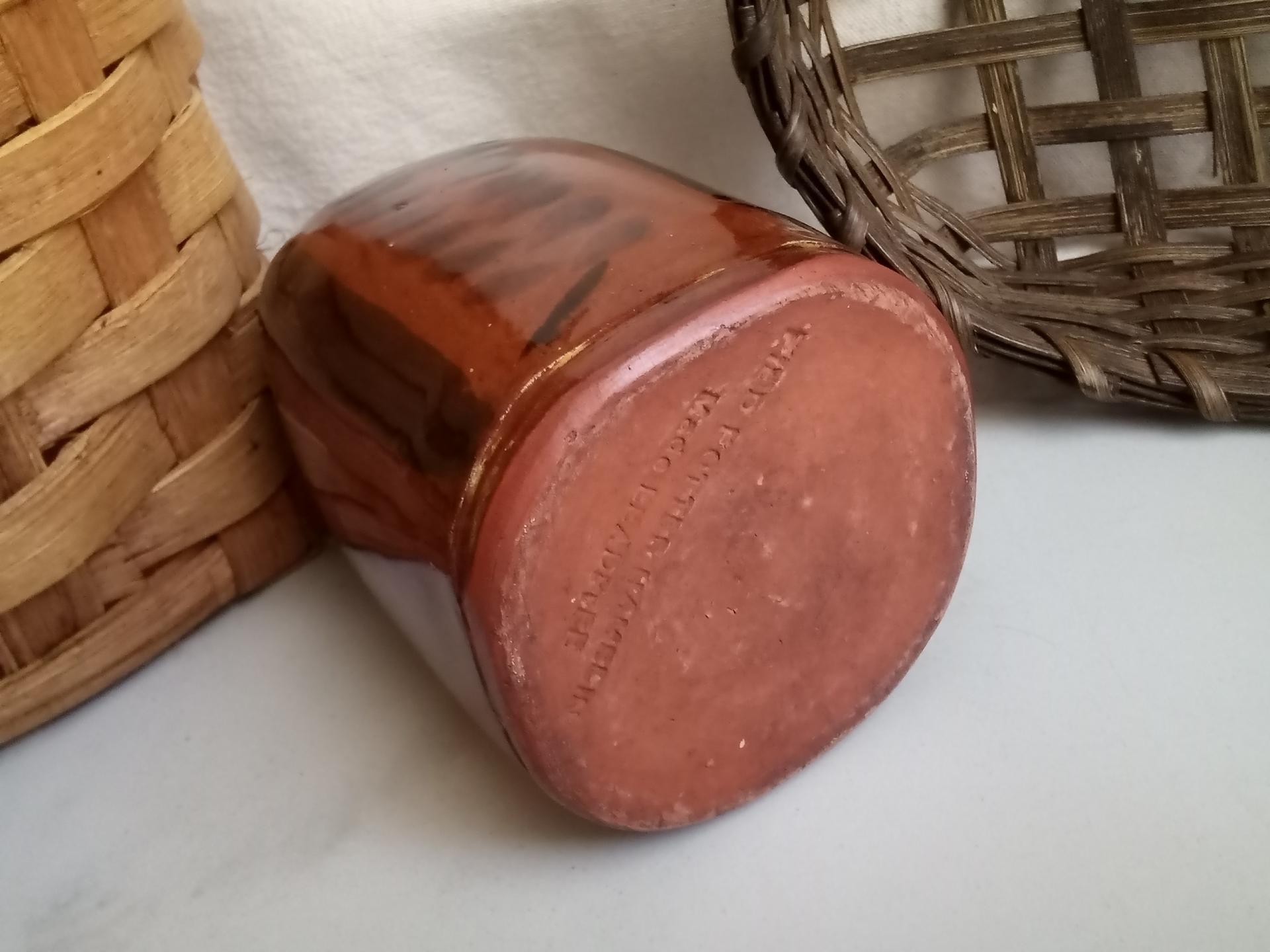 Redware Bottle and Stopper with Black Motif and Square Bottom