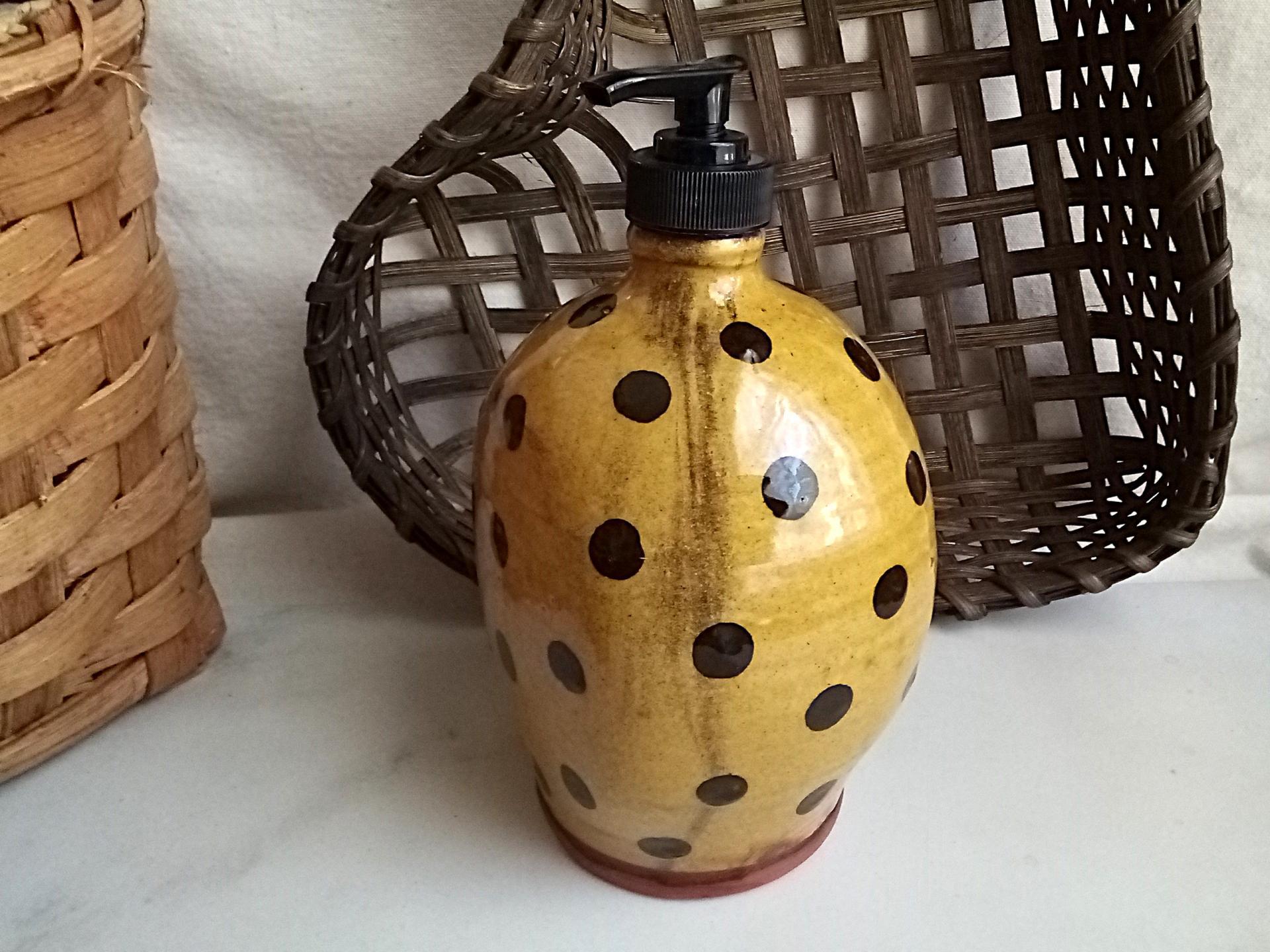 Redware Soap or Lotion Dispenser Bottle, Large Size with Black Dots