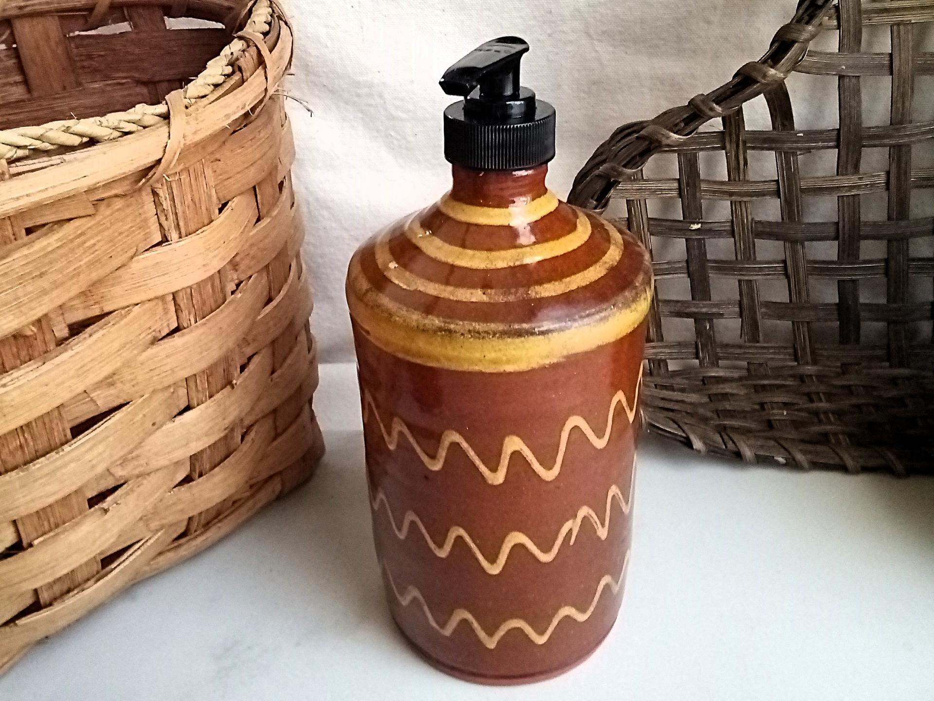 Large Redware Soap or Lotion Dispenser Bottle with Squiggles, One-of-a-Kind