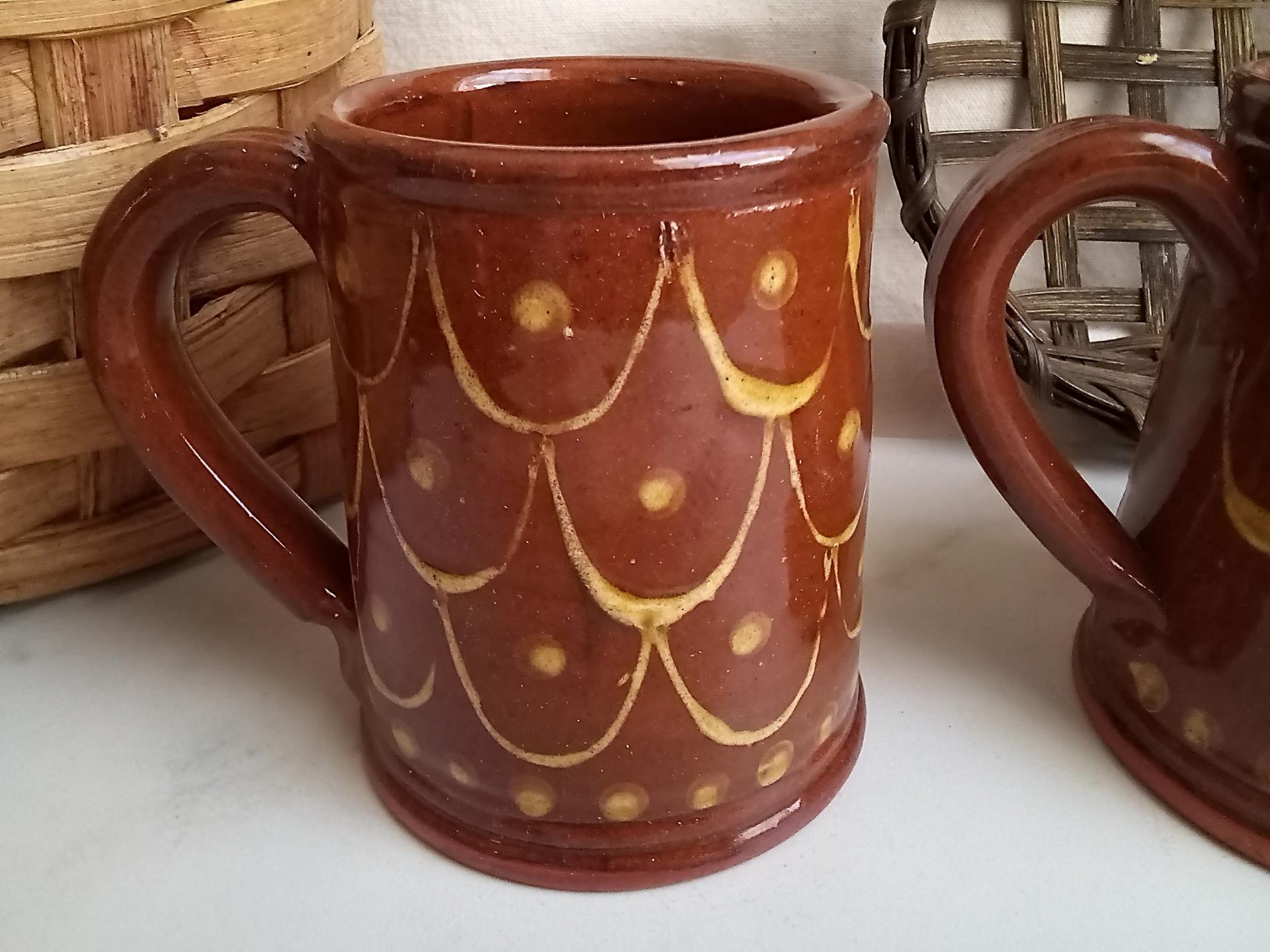 Redware Mugs (2), One-of-a-Kind Slipware Pattern. Antiqued