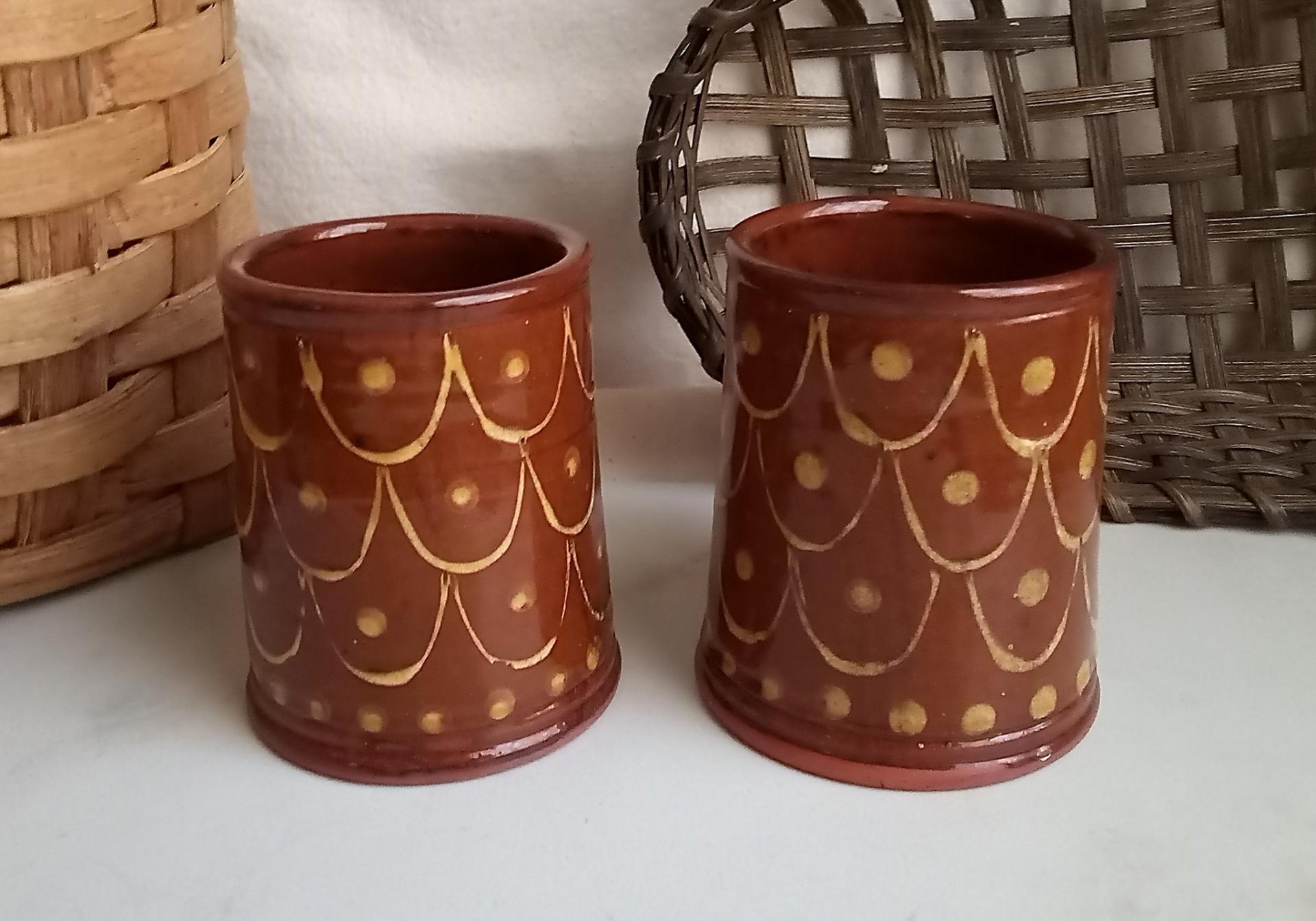 Redware Mugs (2), One-of-a-Kind Slipware Pattern. Antiqued