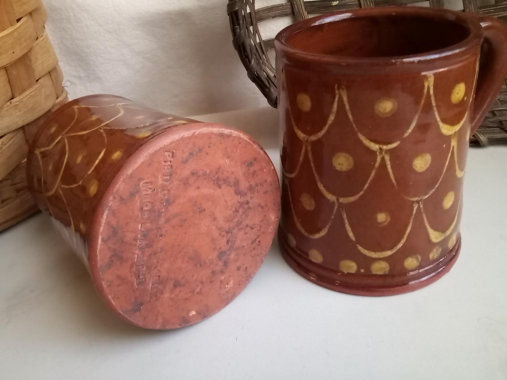 Redware Mugs (2), One-of-a-Kind Slipware Pattern. Antiqued