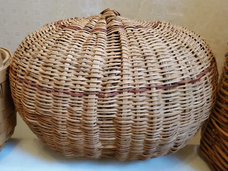 Large Antique Primitive Ash Splint Melon Basket, Egg Basket