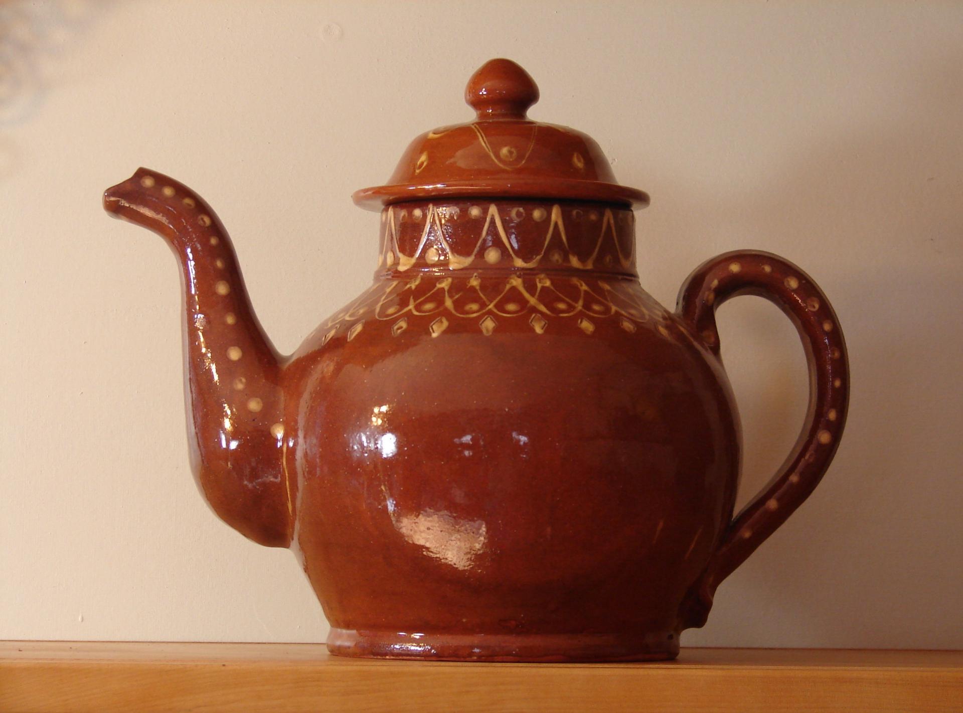 Redware Teapot with Stamped Decoration and Lead Free Glaze