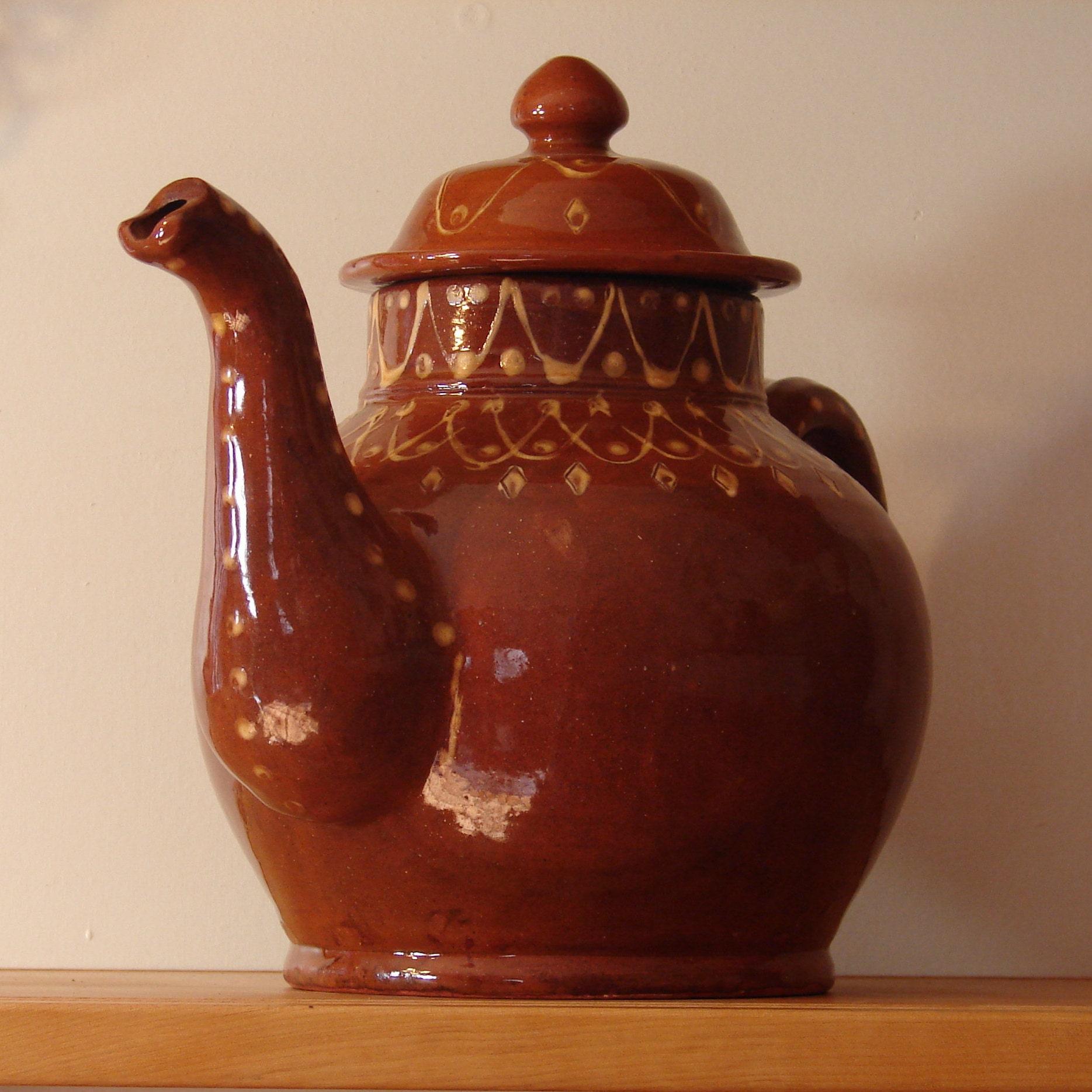 Redware Teapot with Stamped Decoration and Lead Free Glaze