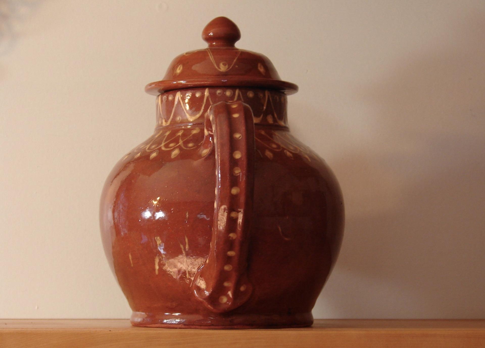 Redware Teapot with Stamped Decoration and Lead Free Glaze