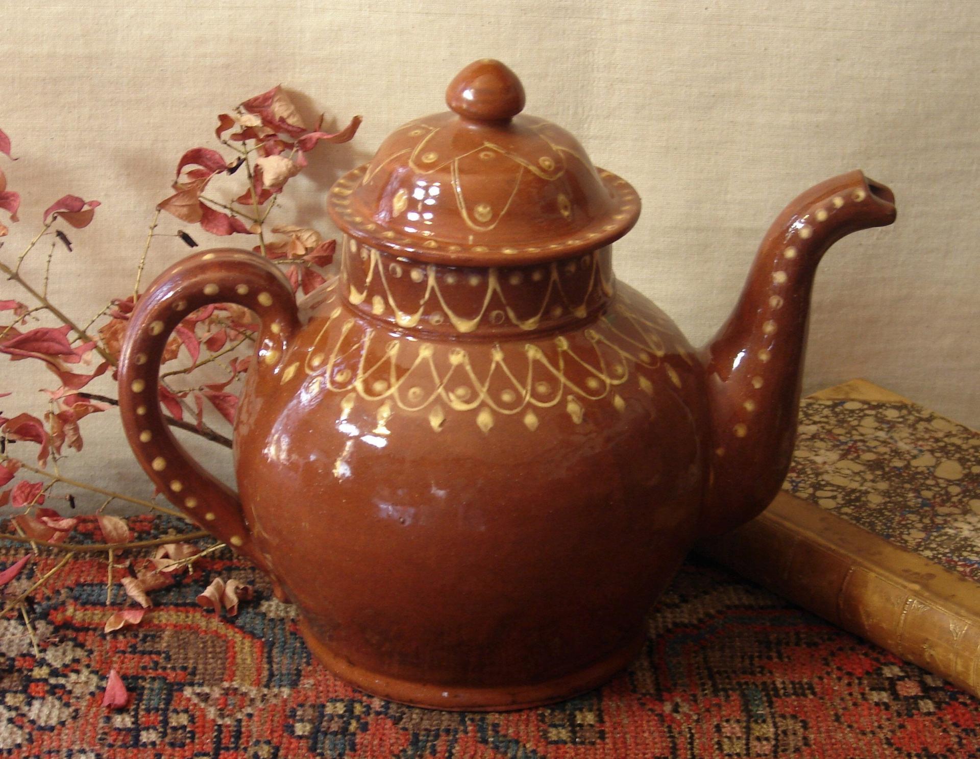 Redware Teapot with Stamped Decoration, Lead Free Glaze