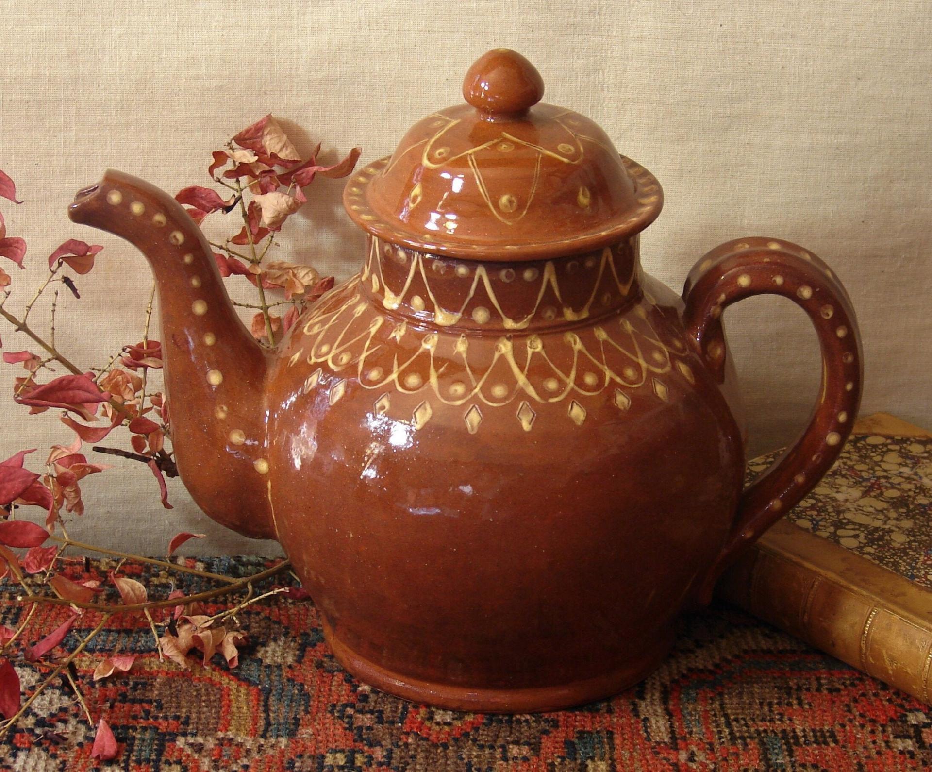 Redware Teapot with Stamped Decoration and Lead Free Glaze