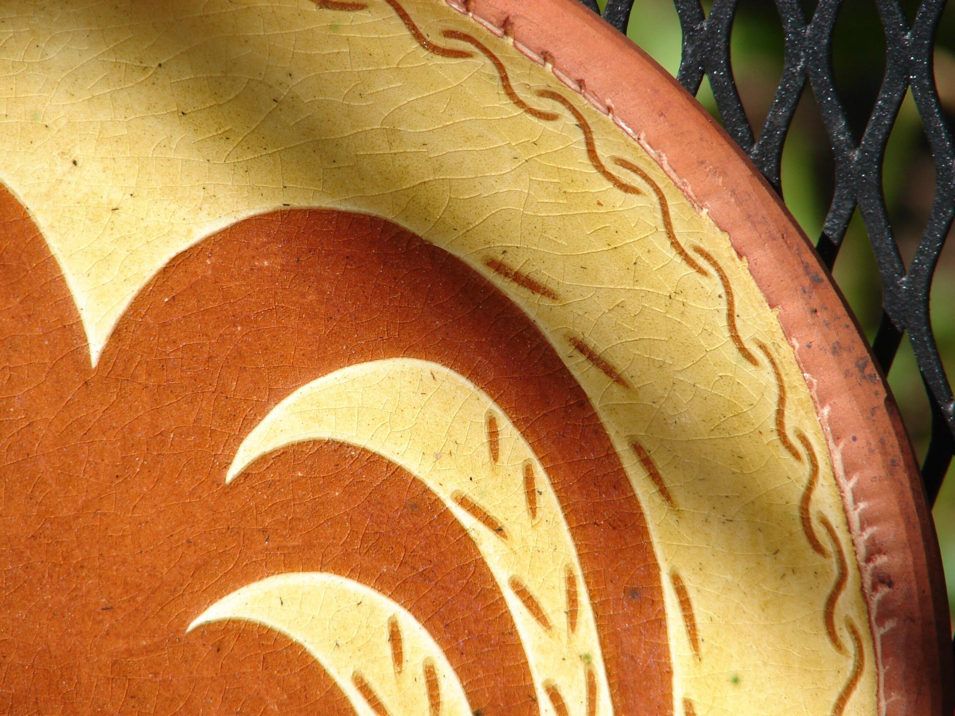 Redware 9 in Plate with Weeping Willow Sgraffito Decoration