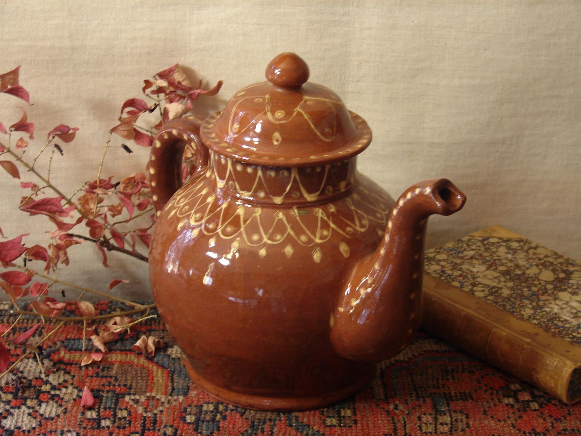 Redware Teapot with Stamped Decoration and Lead Free Glaze