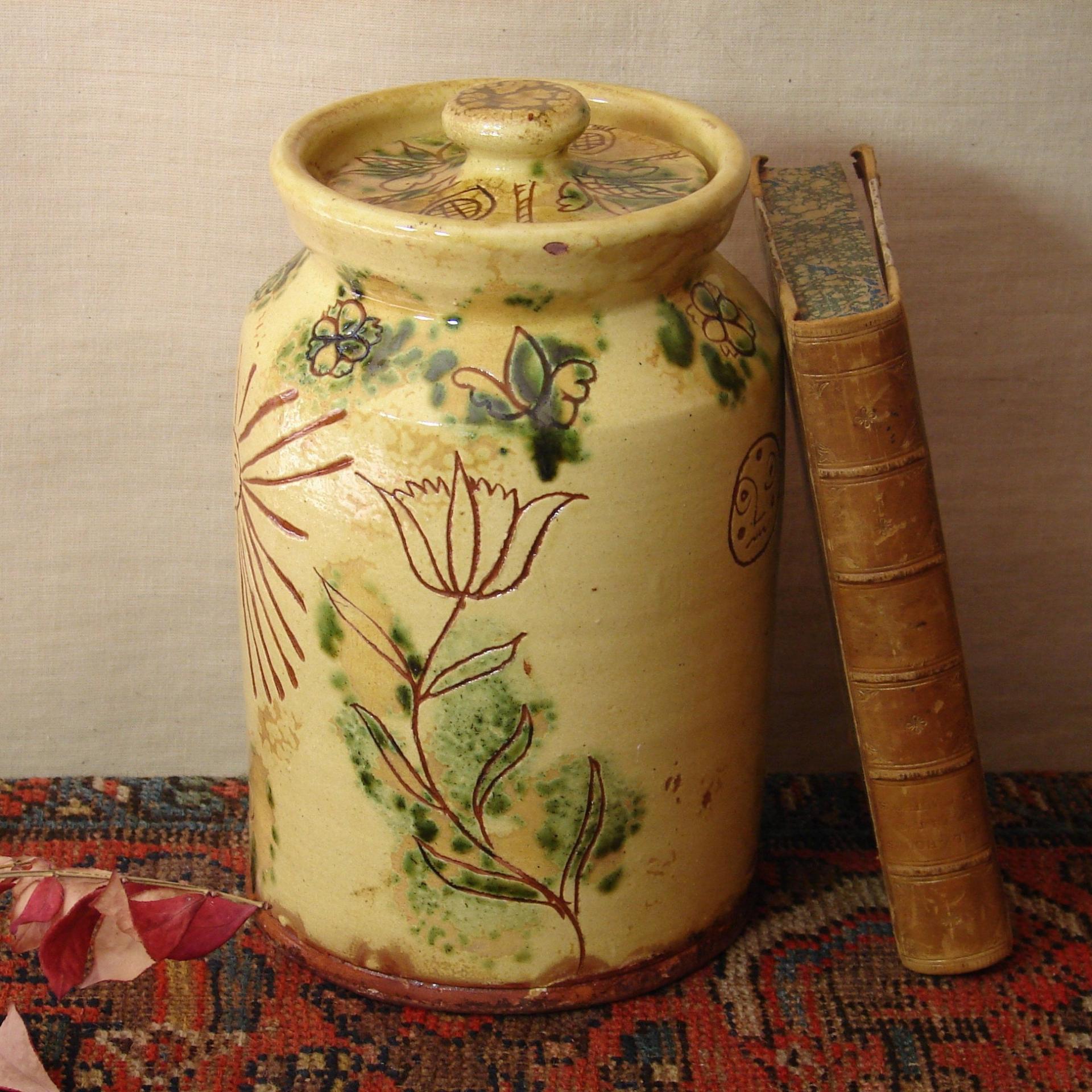 Redware 9.50 in Sgraffito Jar with Owl, Sun and Tulip Decoration