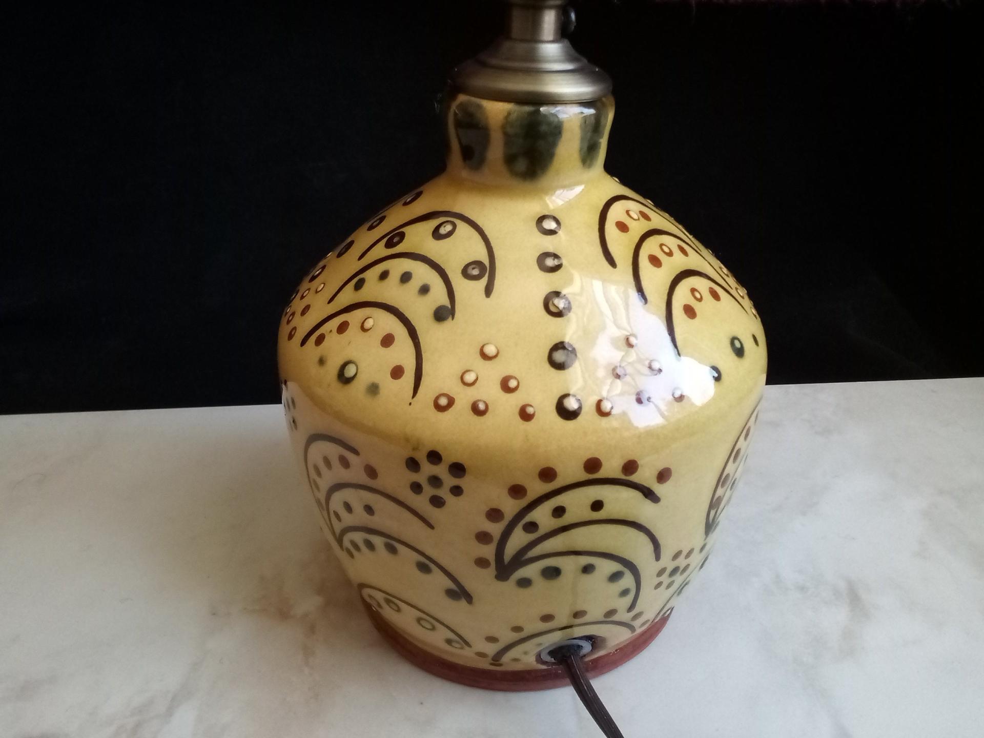 Redware Table Lamp with Slip Stamped Motif