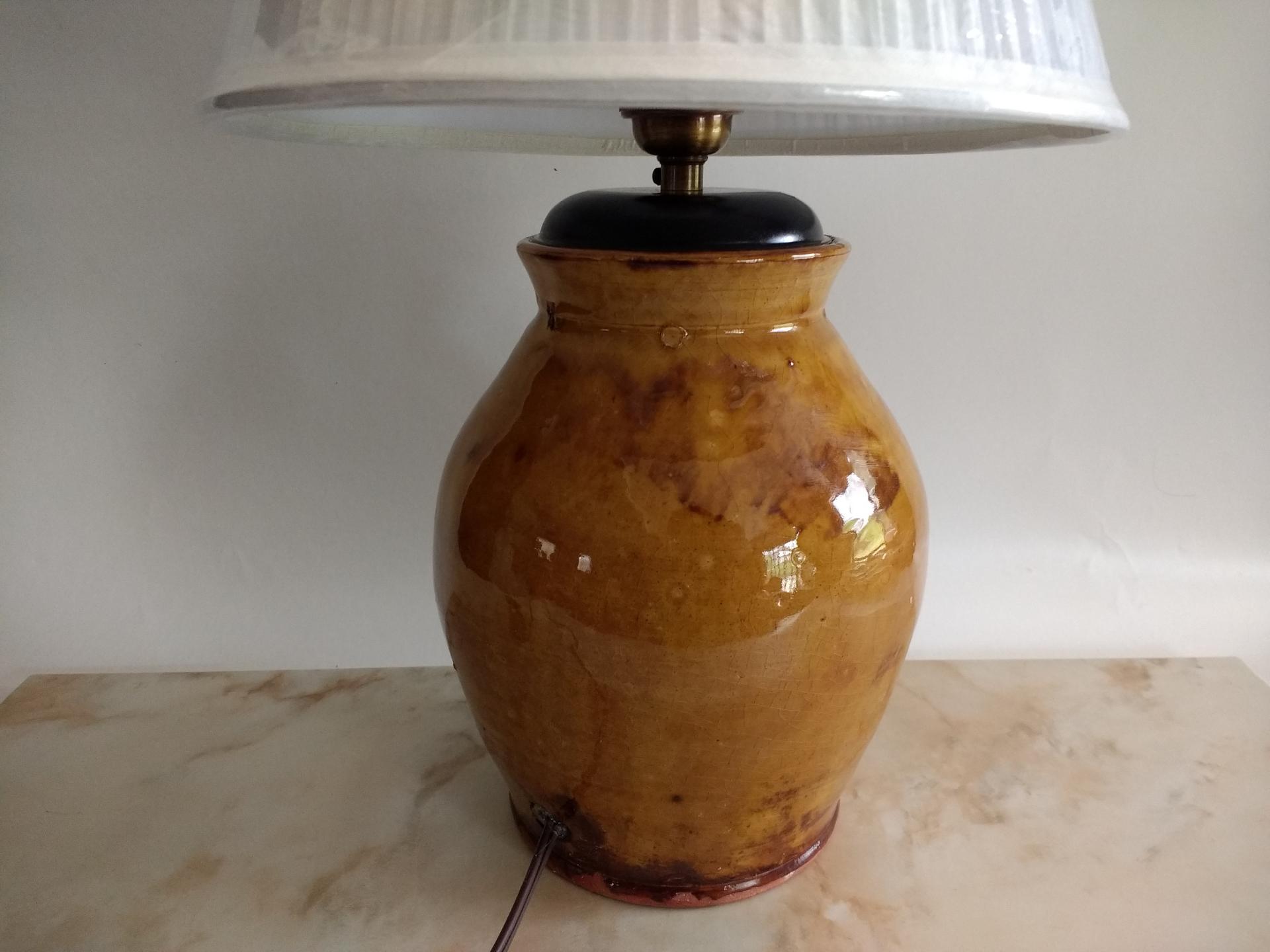 Redware Table Lamp with Lampshade (Optional) and Black Feather Motif