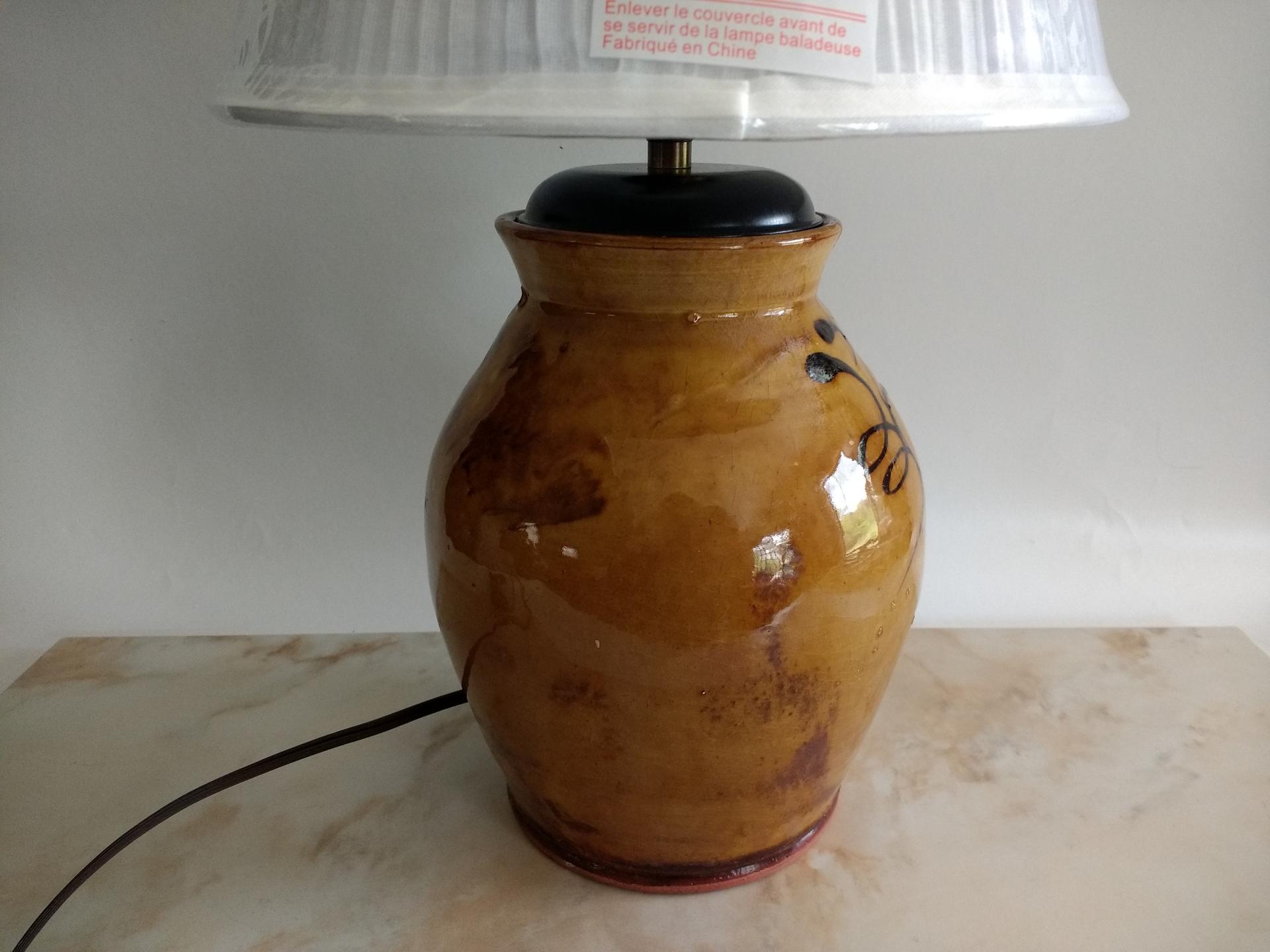 Redware Table Lamp with Lampshade (Optional) and Black Feather Motif