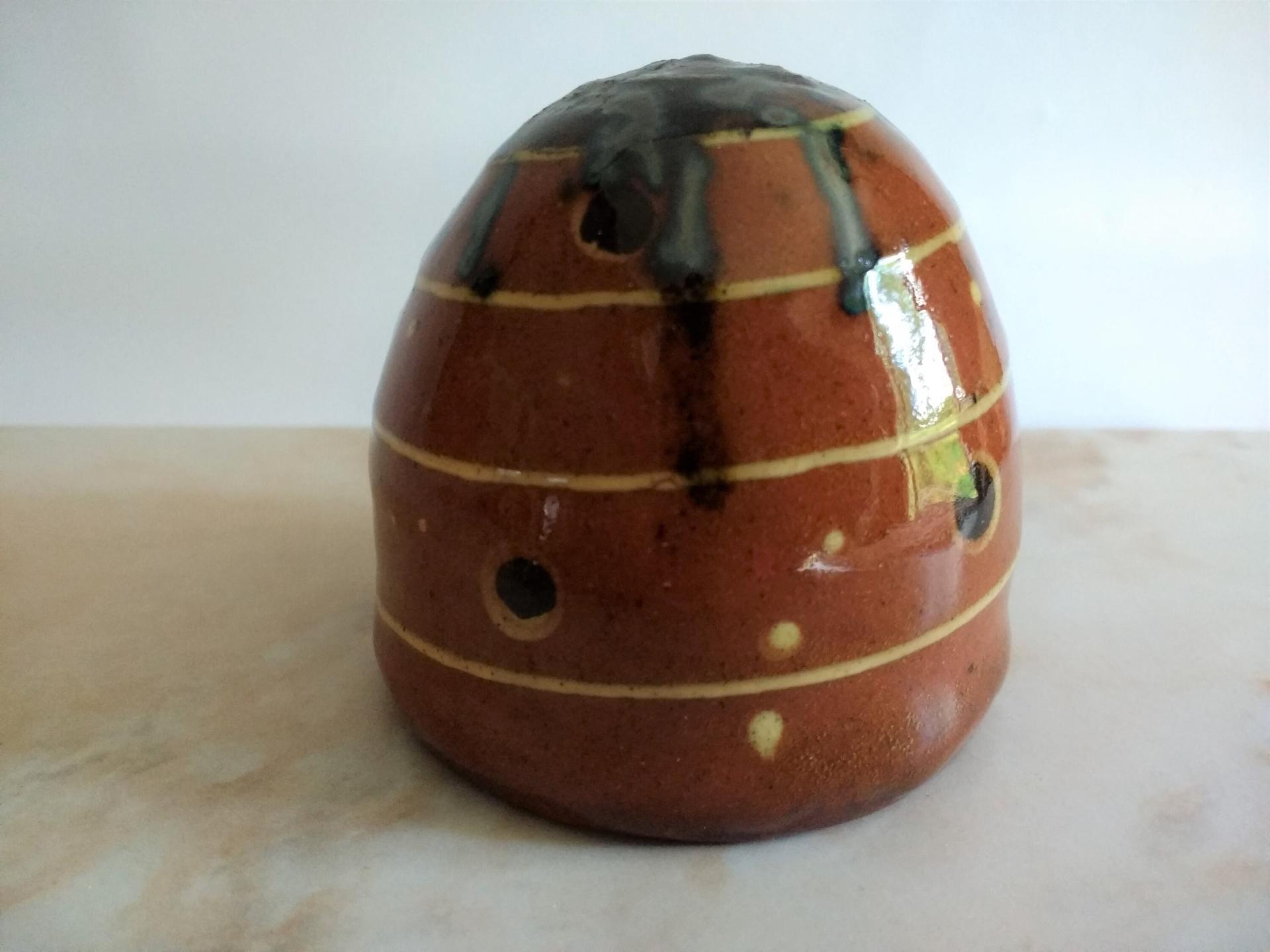 Redware Mini Bee Skep with Gray Accents (a)