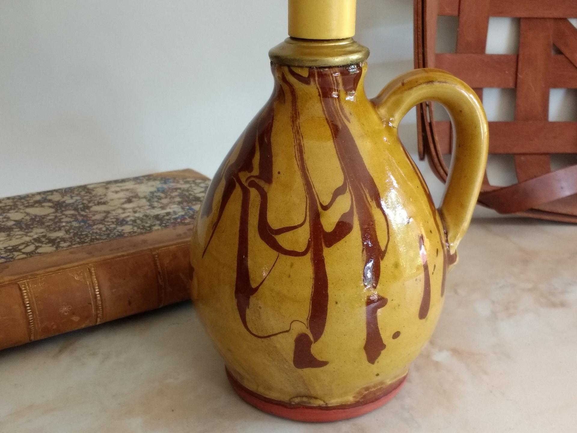 Redware Table Lamp with Marbled Decoration, No Shade