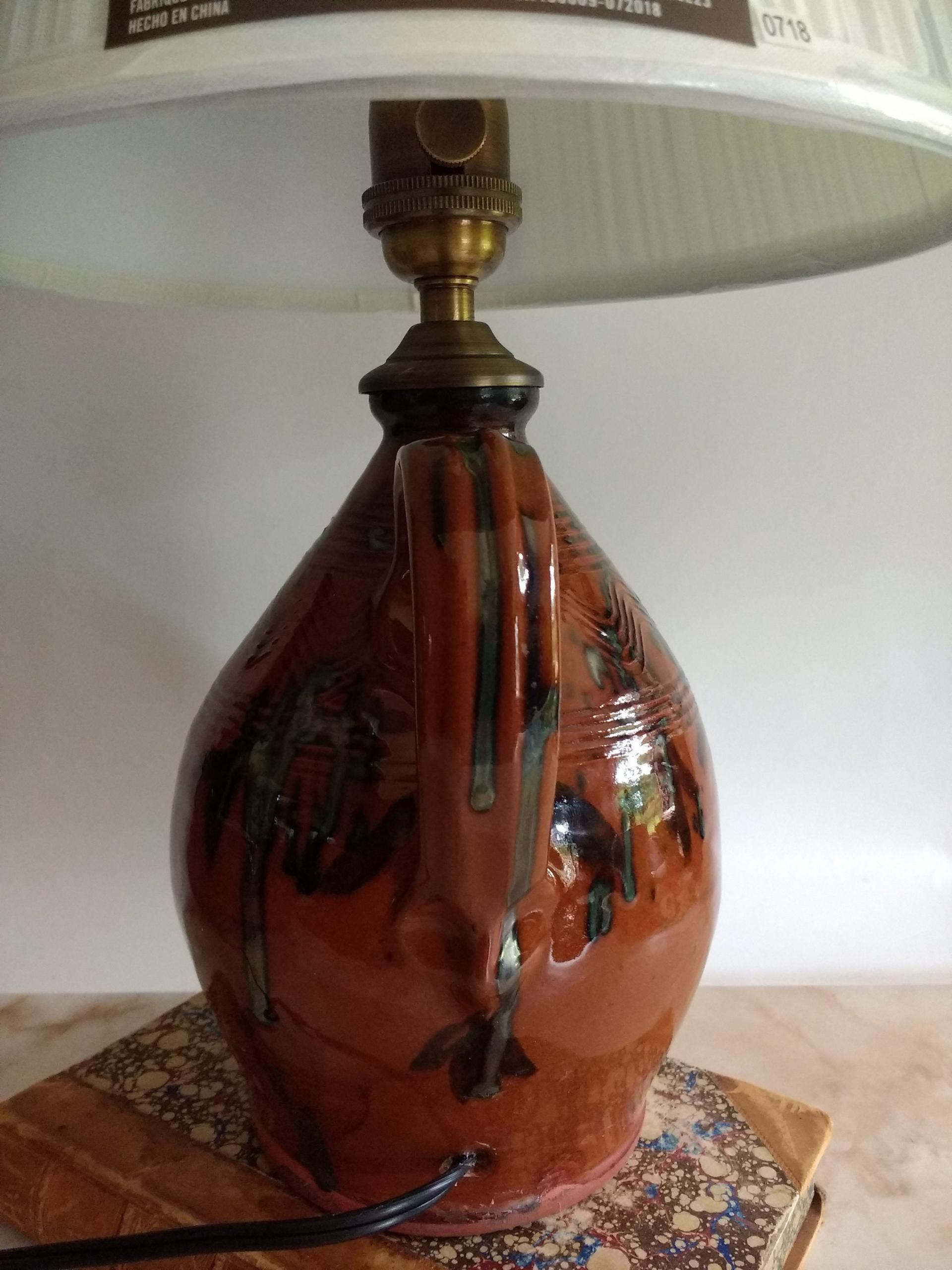 Redware Table Lamp with Black Drip Accents