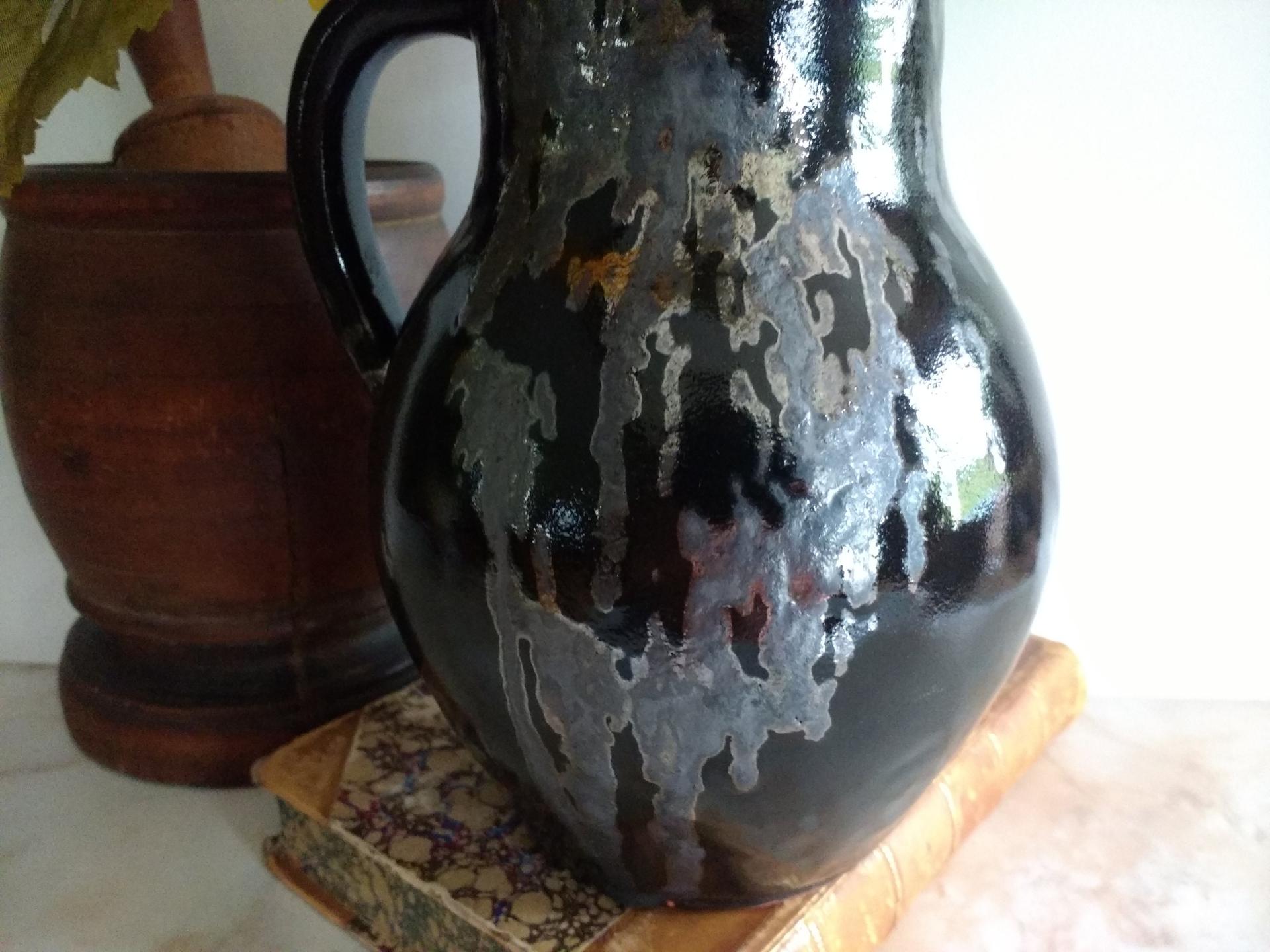 Redware Jug with Black Glaze and Gray Drips