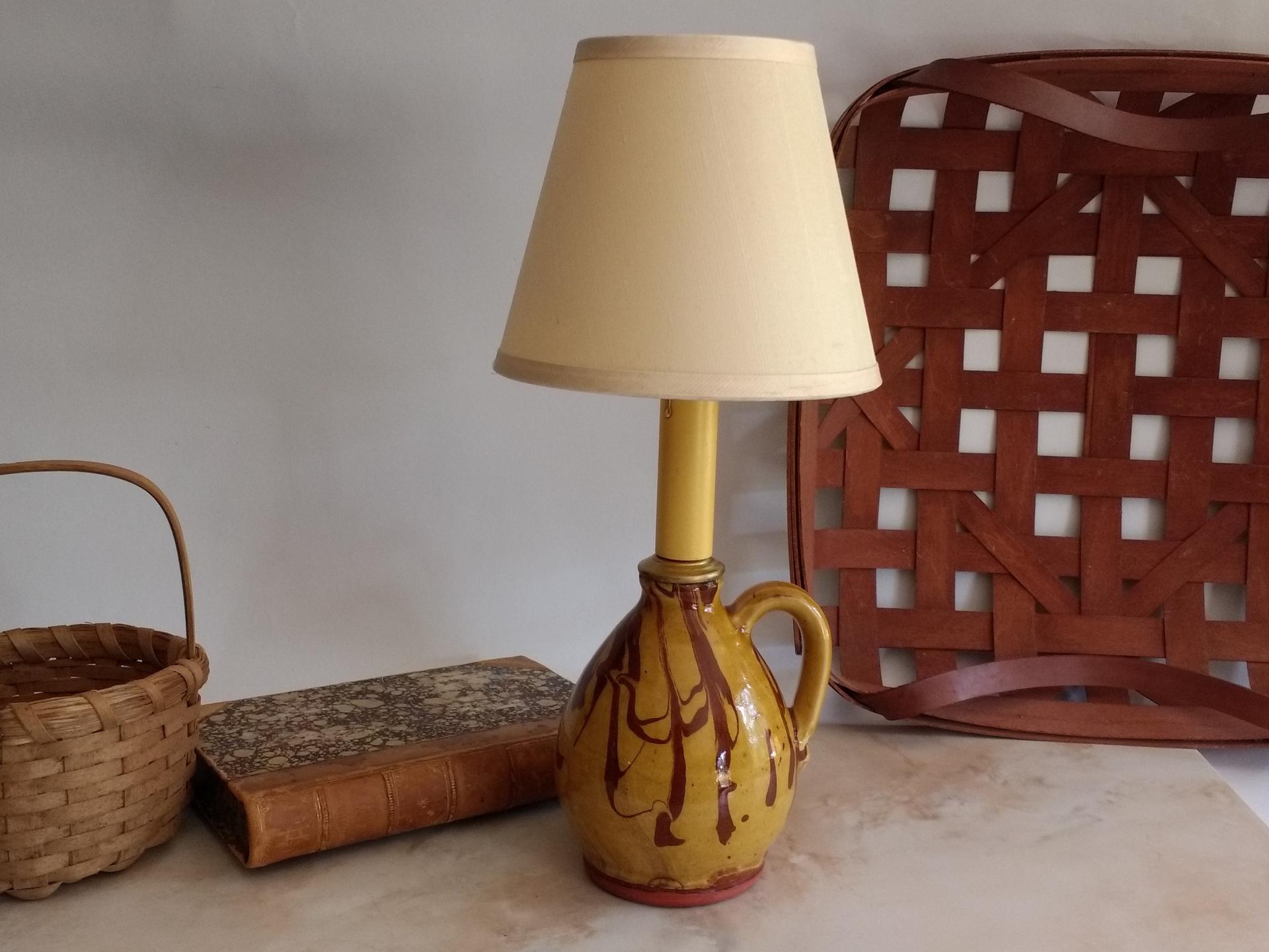 Redware Table Lamp with Marbled Decoration, No Shade