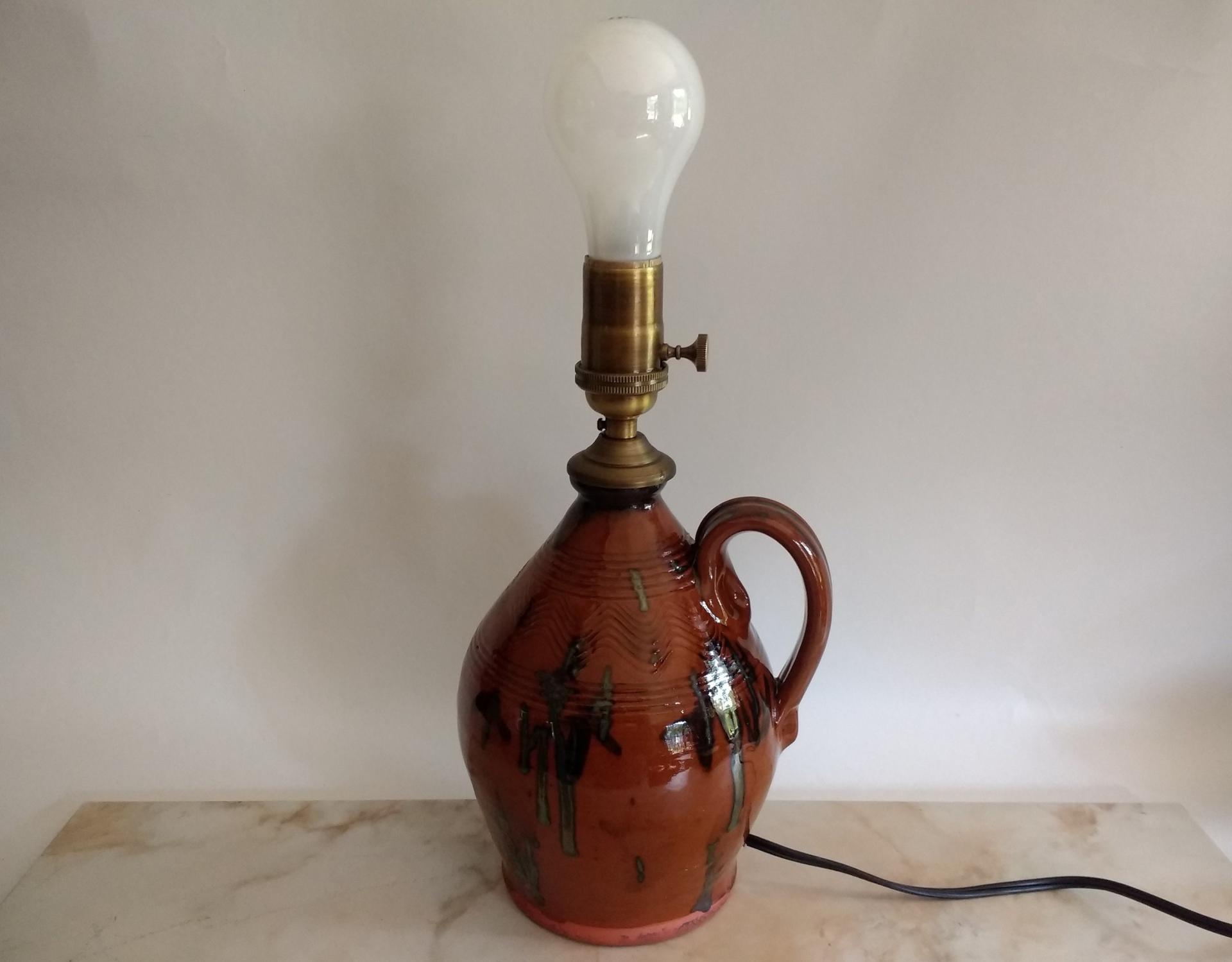 Redware Table Lamp with Black Drip Accents