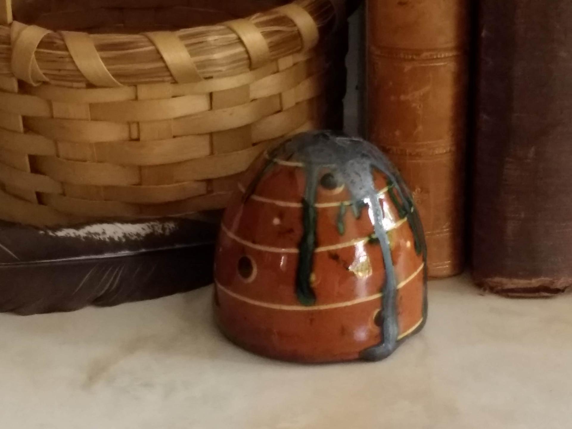 Redware Mini Bee Skep with Gray Accents (a)