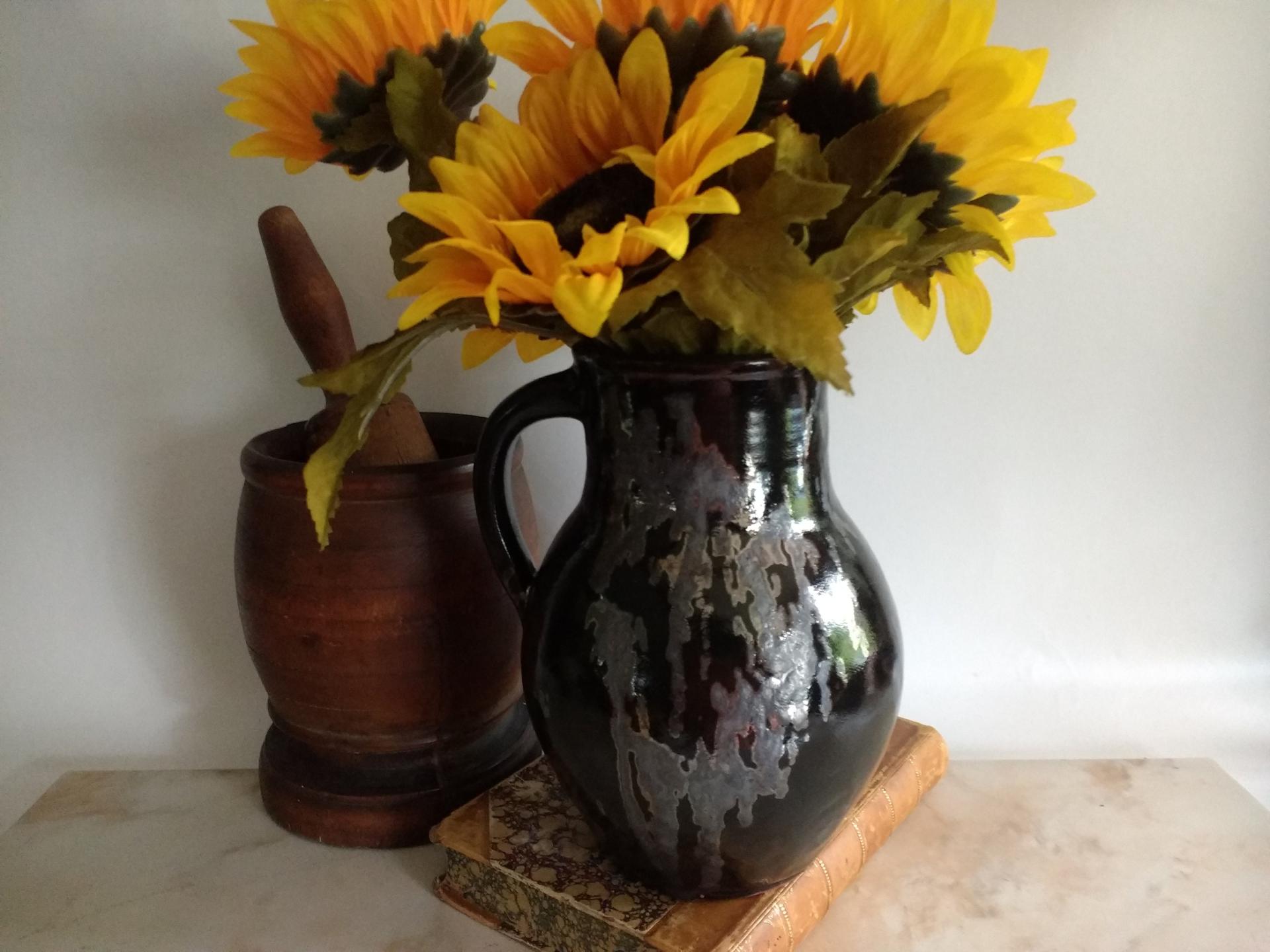 Redware Jug with Black Glaze and Gray Drips