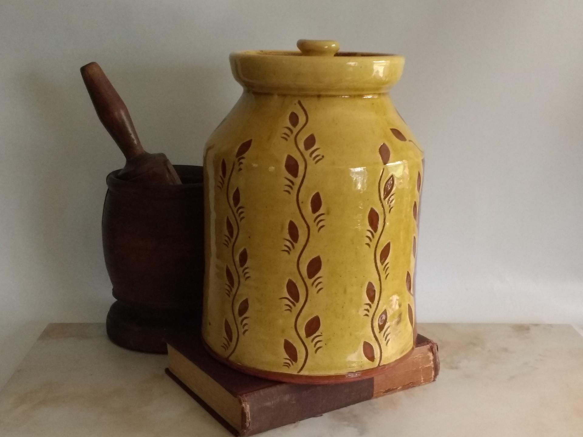 Redware Jar with Sgraffito Leaf Pattern and Lead Free Glaze Kulina Folk Art