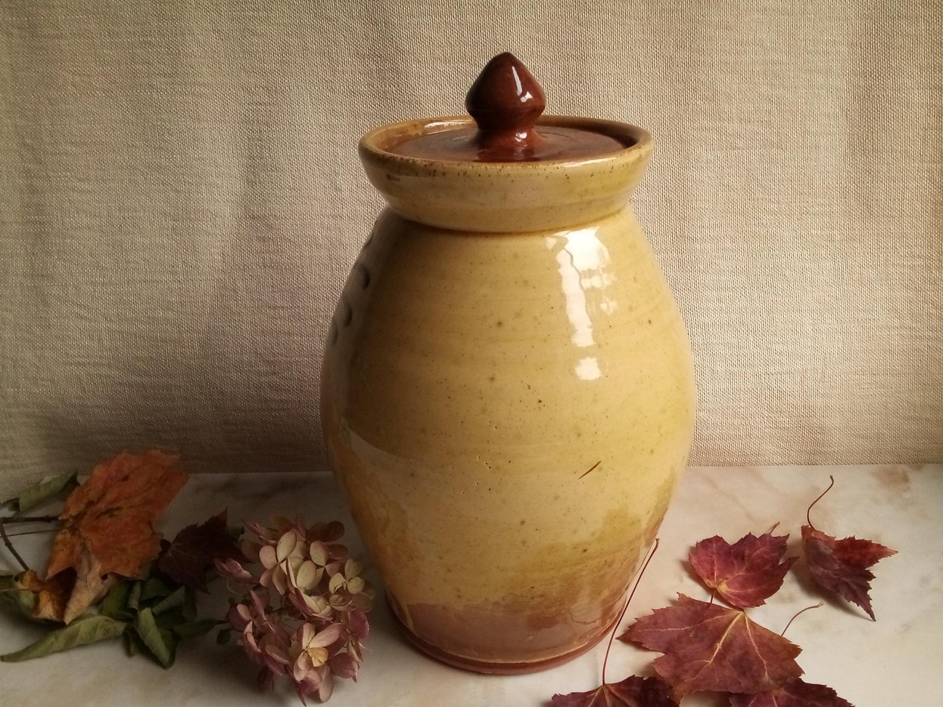 Redware 10 in Jar with Black Slip Feather Decoration