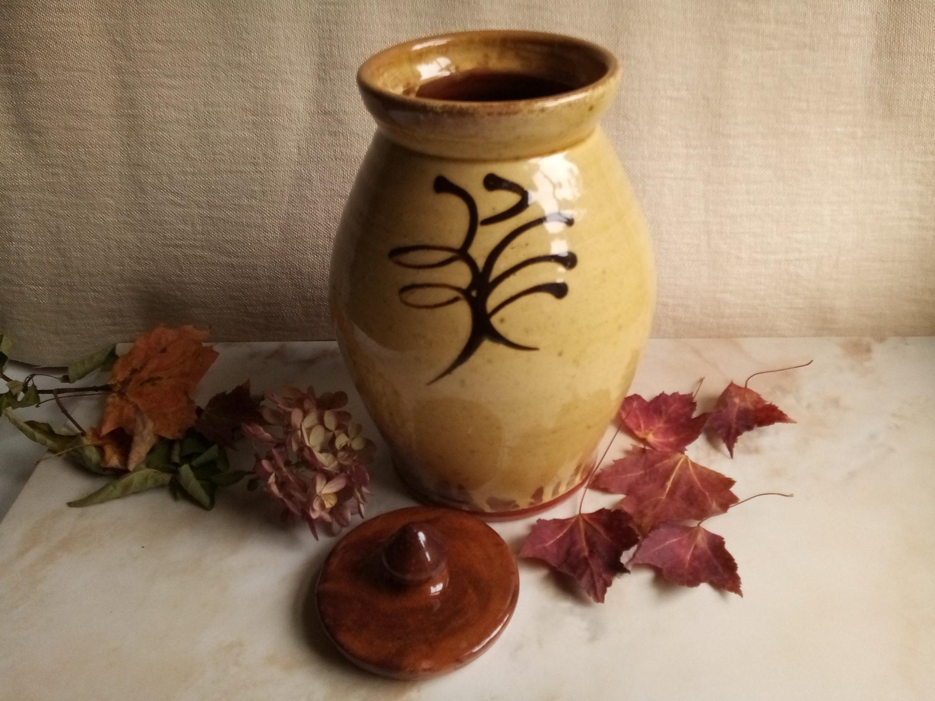 Redware 10 in Jar with Black Slip Feather Decoration