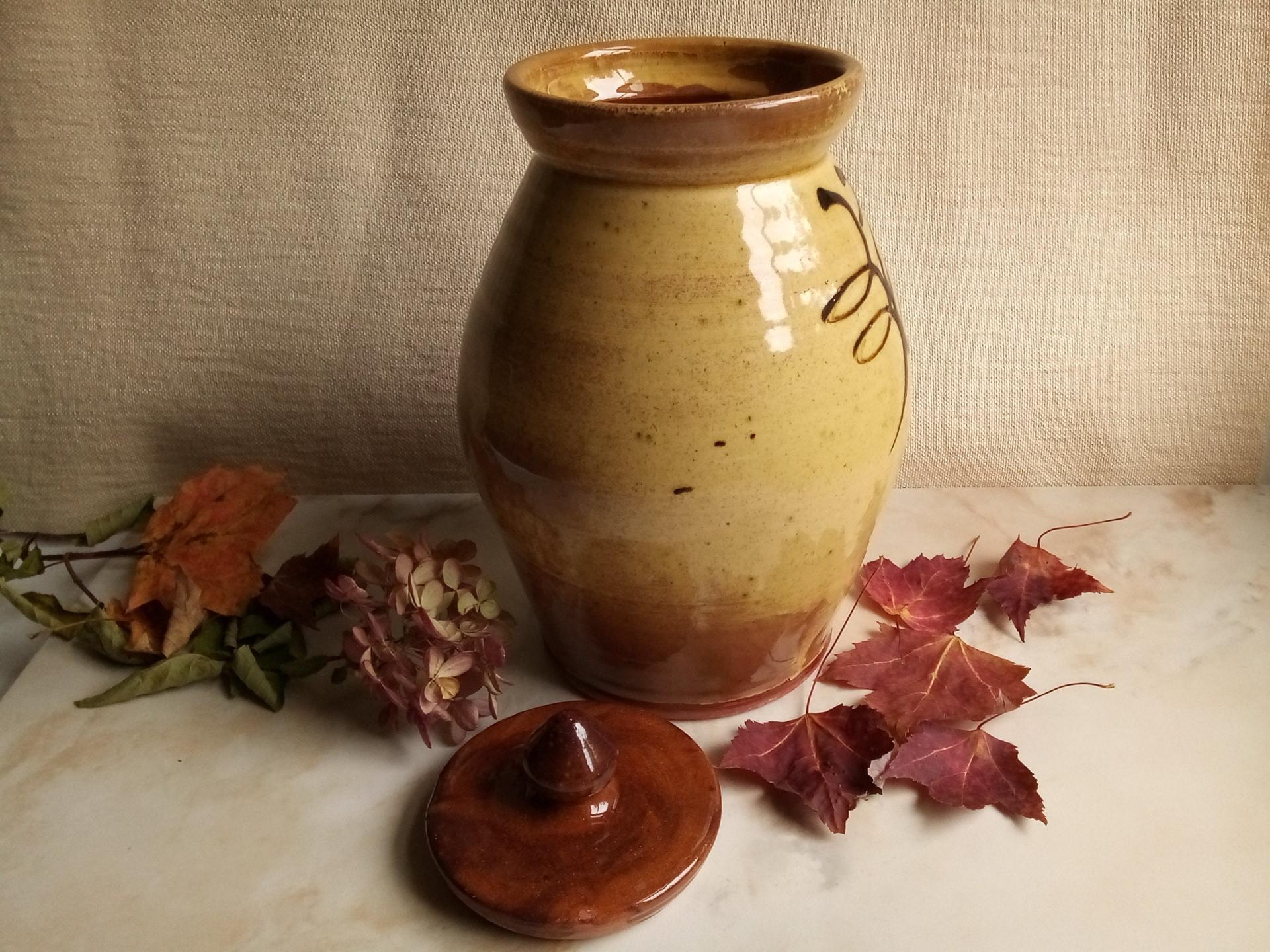 Redware 10 in Jar with Black Slip Feather Decoration