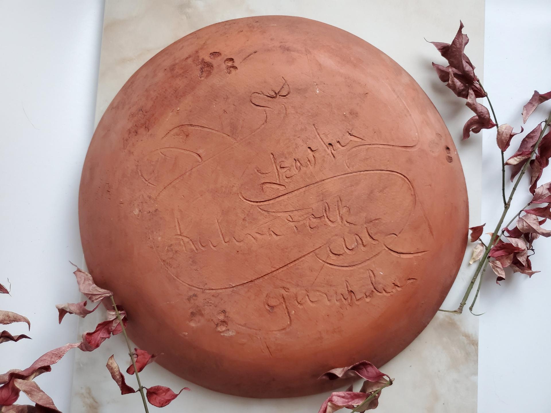 Redware 11 in Plate Slip Decorated with Brown Dots Decoration