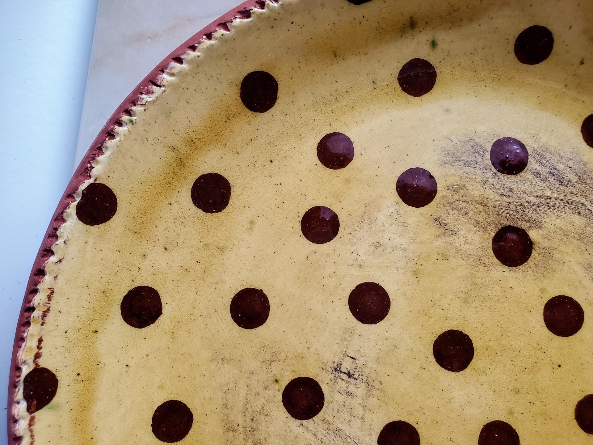 Redware 11 in Plate Slip Decorated with Brown Dots Decoration