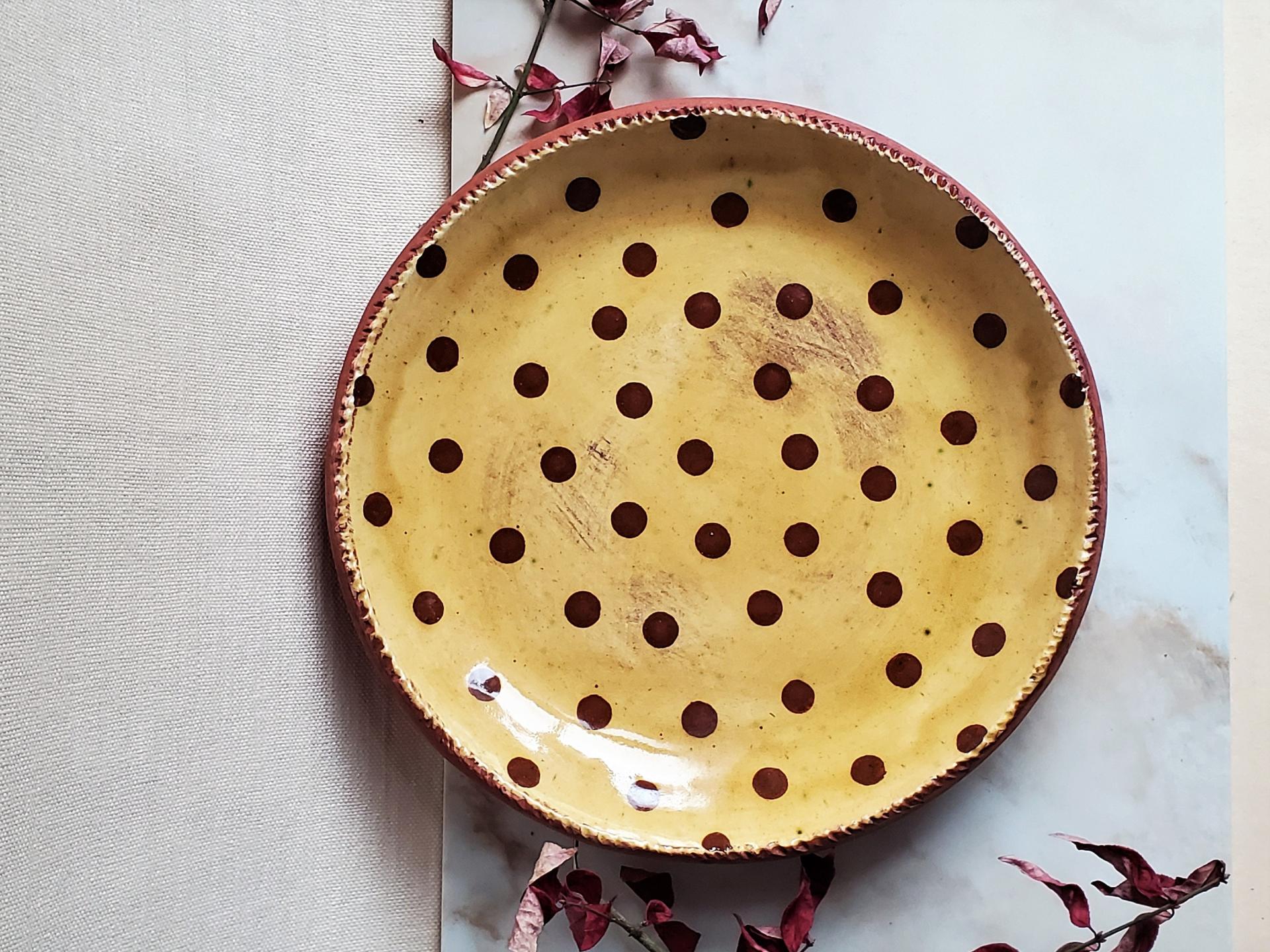 Redware 11 in Plate Slip Decorated with Brown Dots Decoration