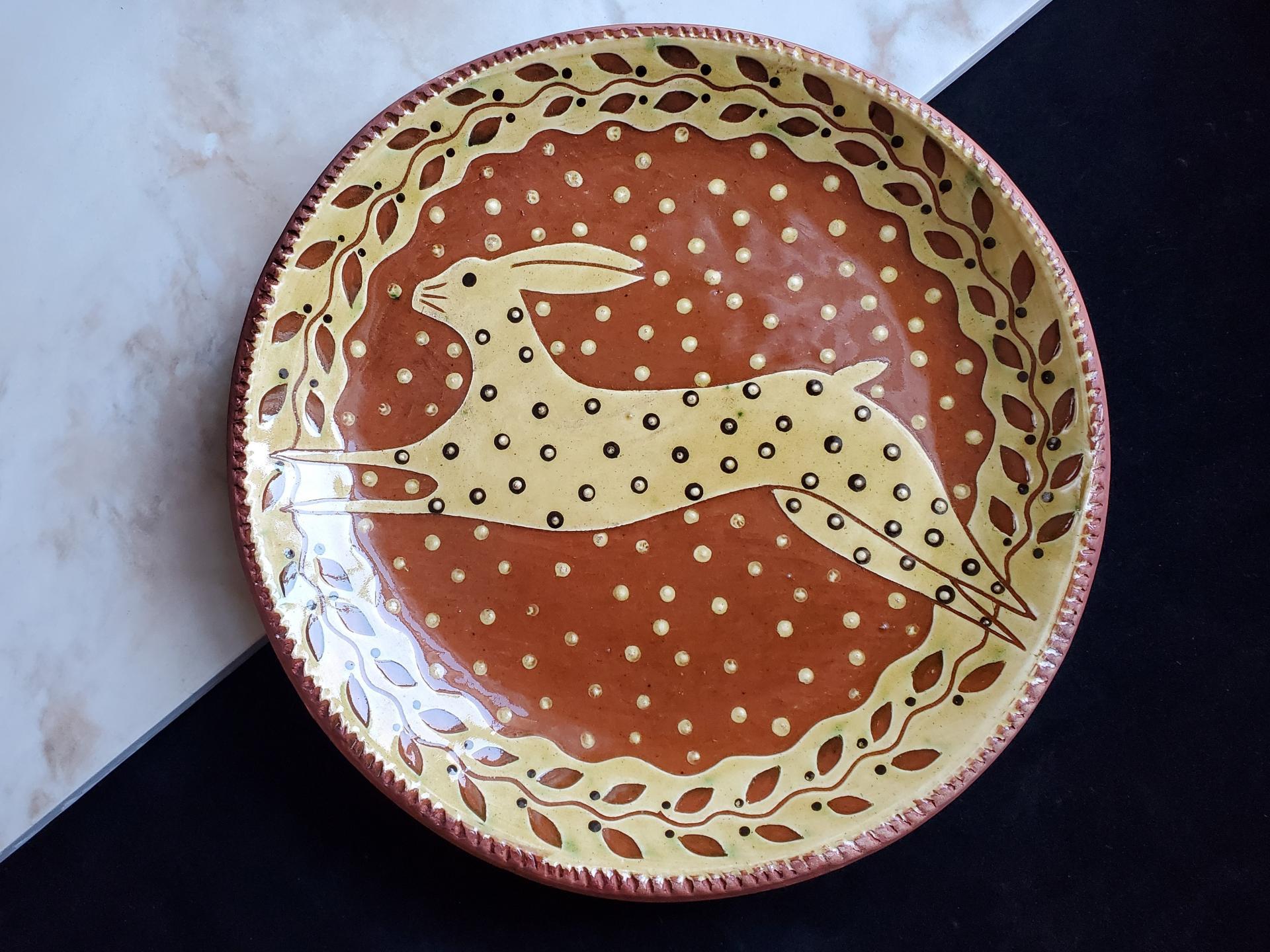 Redware 11 inch Plate with Leaping Hare Sgraffito Motif