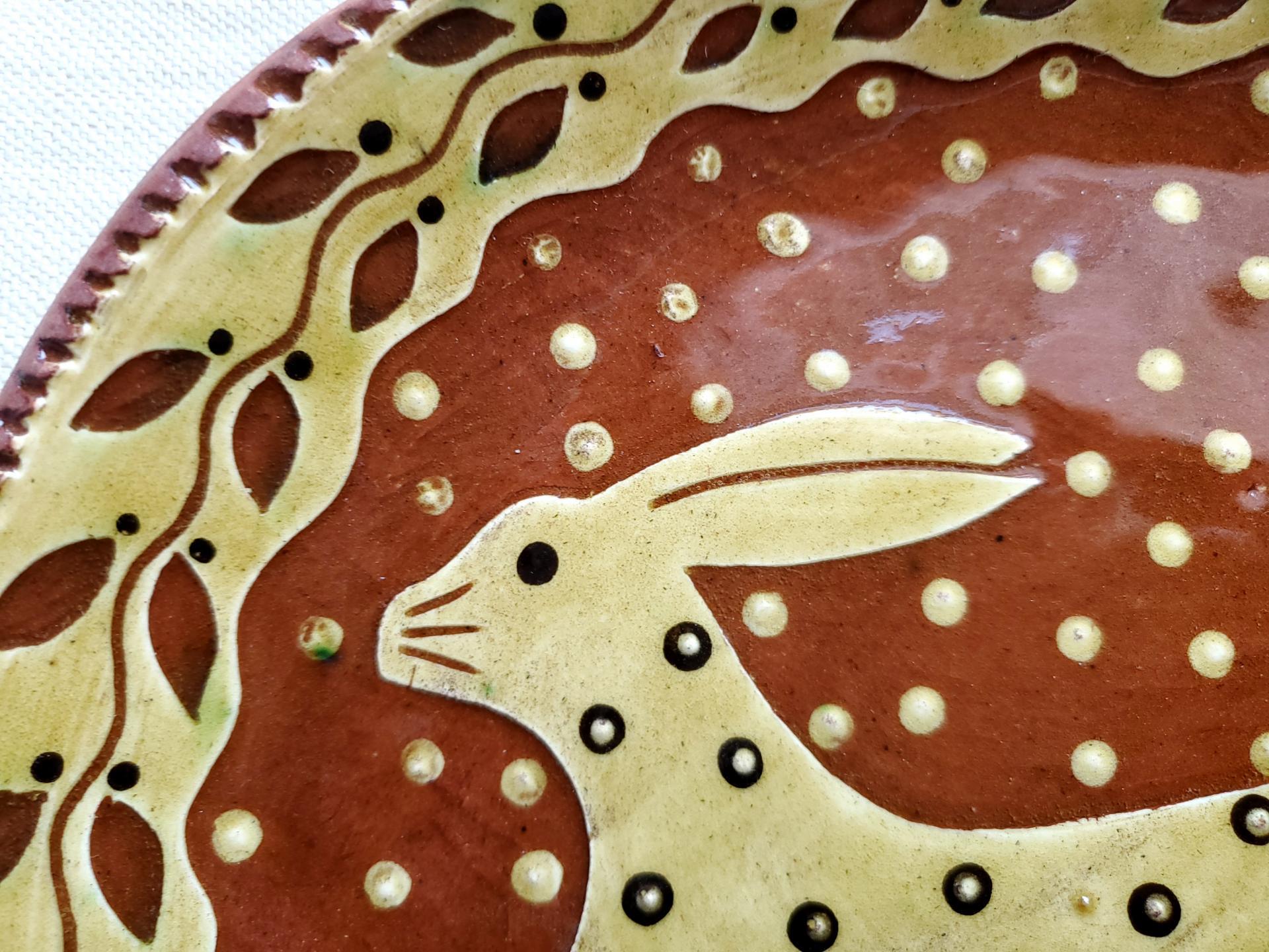 Redware 11 inch Plate with Leaping Hare Sgraffito Motif
