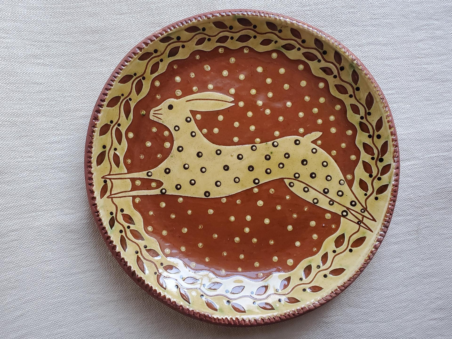 Redware 11 inch Plate with Leaping Hare Sgraffito Motif