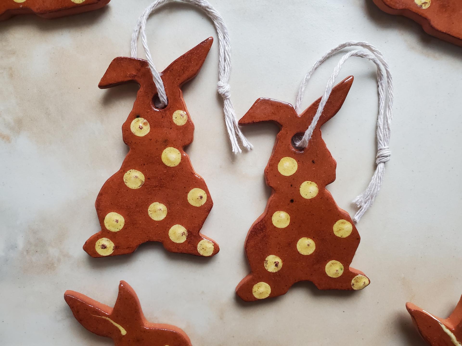 Redware Bunny Ornaments with Yellow Polka Dots