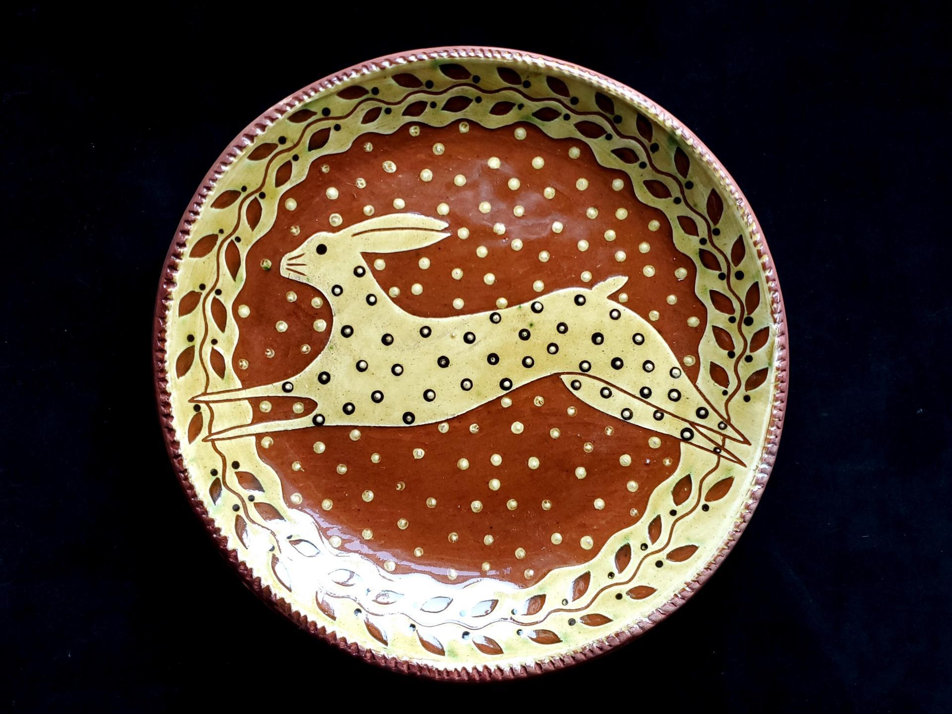 Redware 11 inch Plate with Leaping Hare Sgraffito Motif