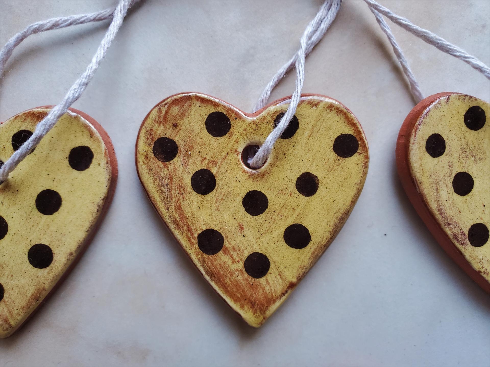 Redware Mini Heart Ornaments (3) with Black Polka Dots