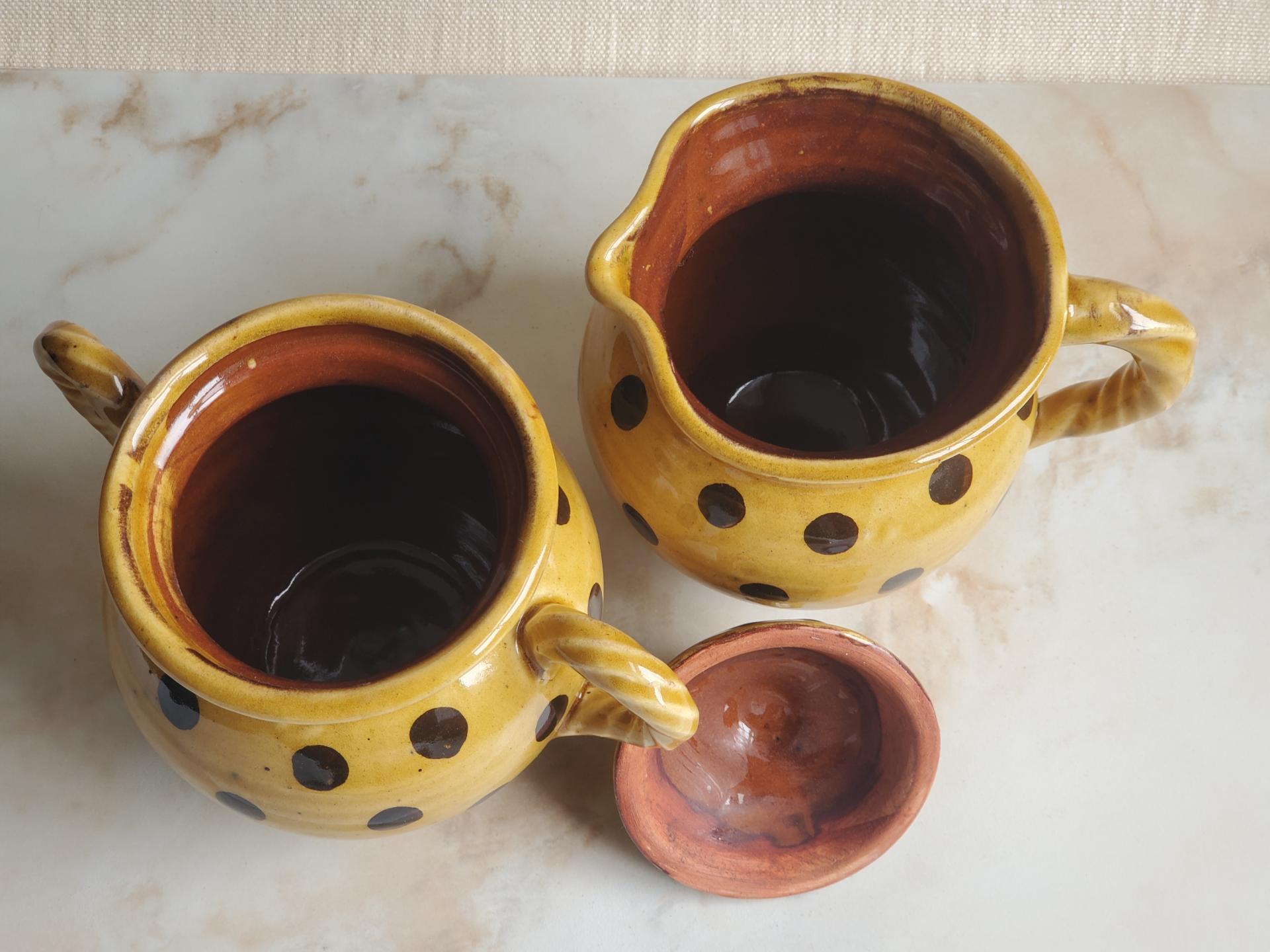 Redware Jar with Rope Handles and Black Polka Dots