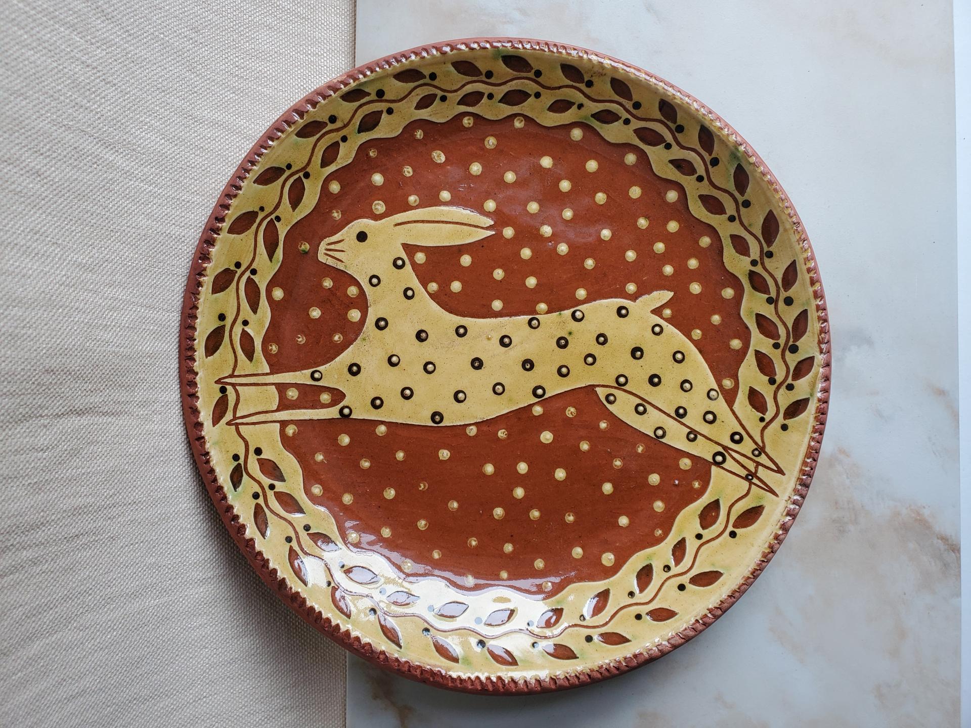 Redware 11 inch Plate with Leaping Hare Sgraffito Motif
