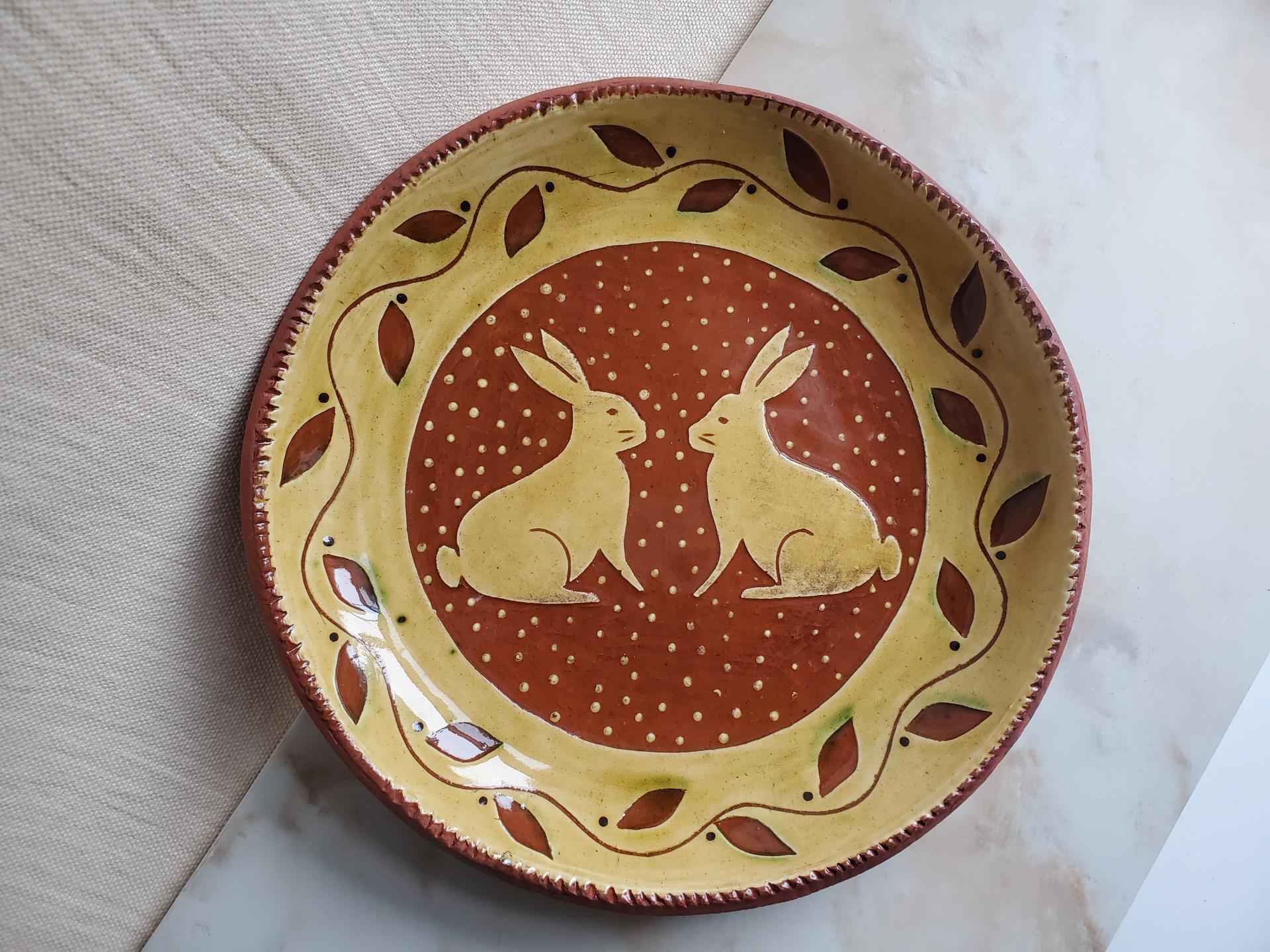 Redware 11 inch Plate with Two Rabbits Sgraffito Motif