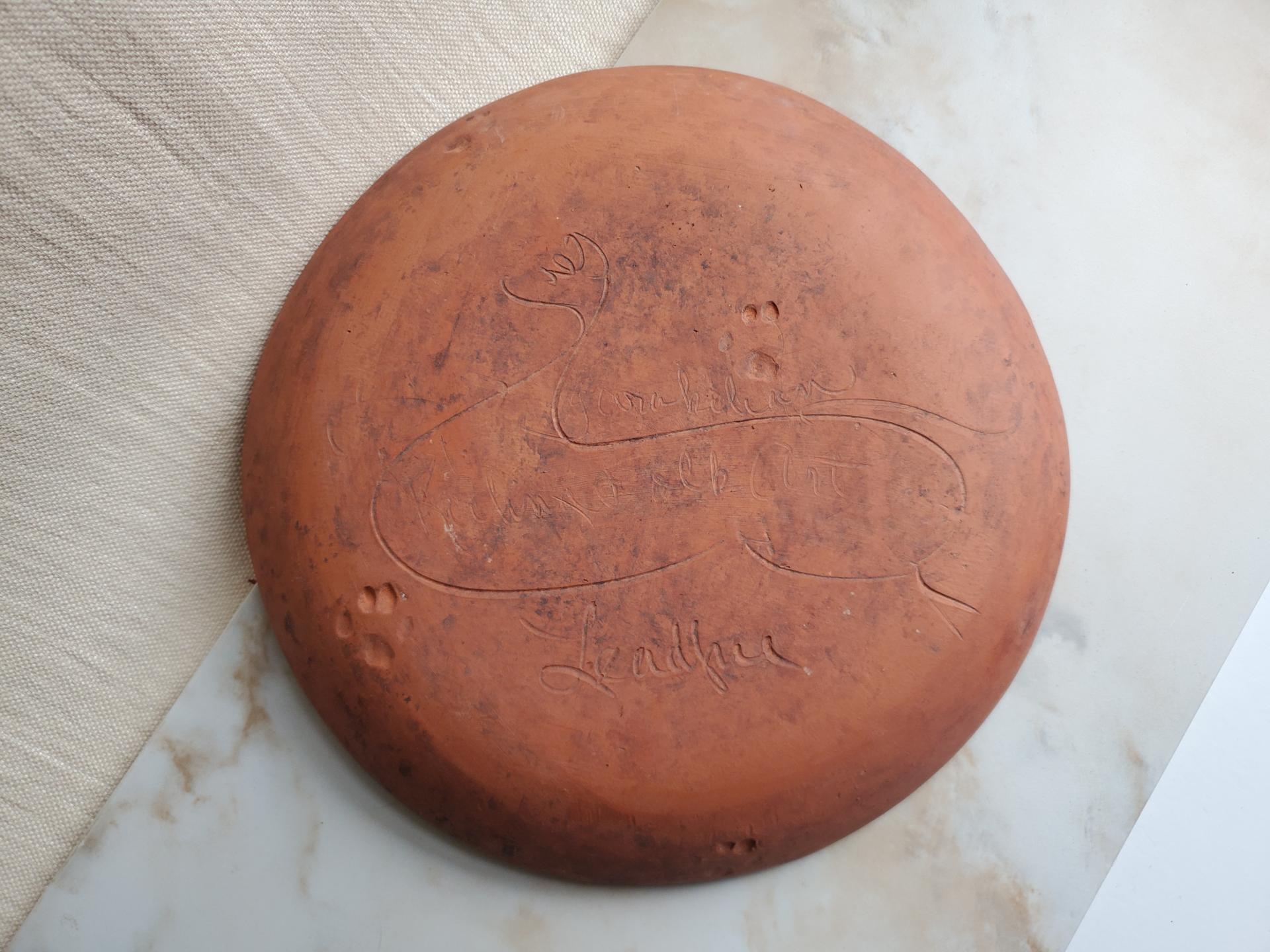 Redware 11 inch Plate with Two Rabbits Sgraffito Motif