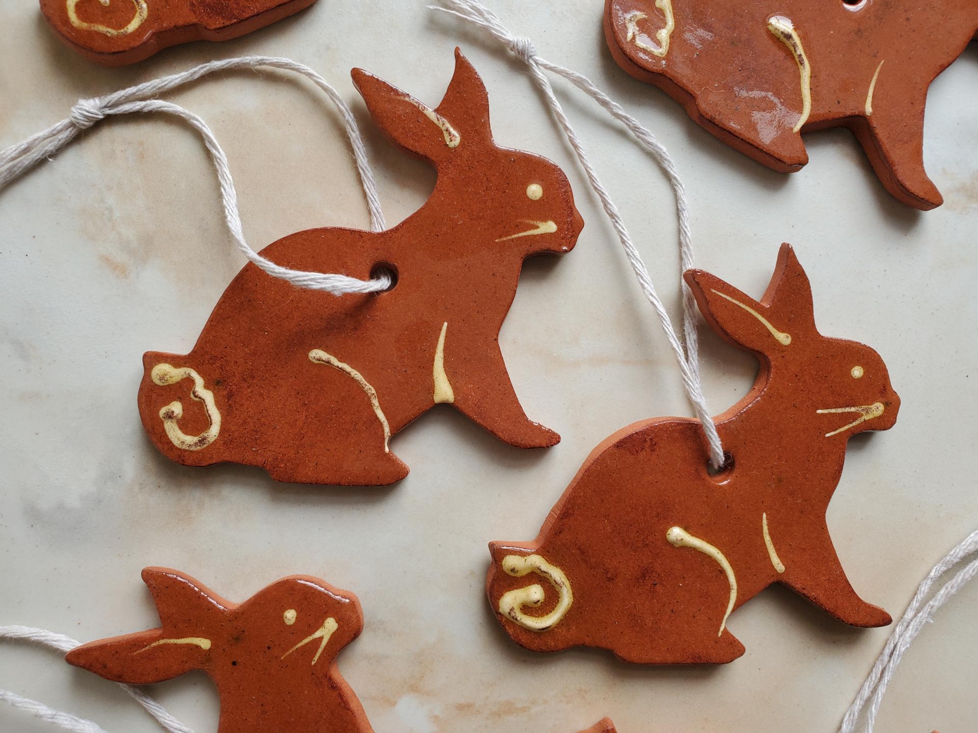 Redware Rabbit Ornaments with Slip Decoration